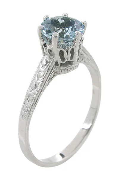 Art Deco Crown 1 Carat Solitaire Aquamarine Engagement Ring in 18 Karat White Gold