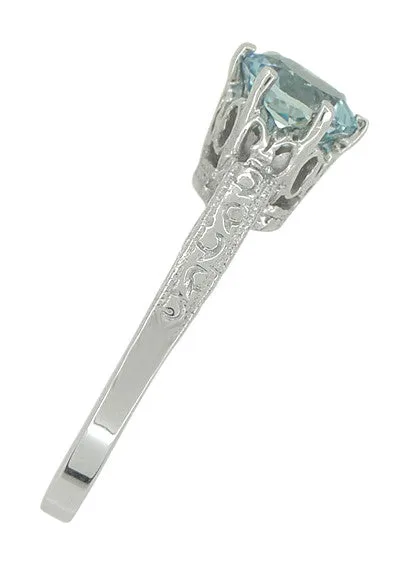 Art Deco Crown 1 Carat Solitaire Aquamarine Engagement Ring in 18 Karat White Gold