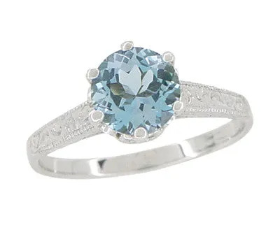 Art Deco Crown 1 Carat Solitaire Aquamarine Engagement Ring in 18 Karat White Gold