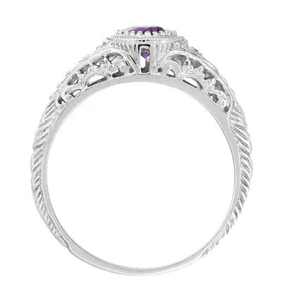 Art Deco Engraved Amethyst and Diamond Filigree Engagement Ring in White Gold - 14K or 18K