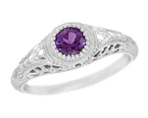 Art Deco Engraved Amethyst and Diamond Filigree Engagement Ring in White Gold - 14K or 18K