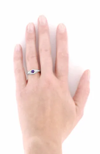 Art Deco Engraved Amethyst and Diamond Filigree Engagement Ring in White Gold - 14K or 18K