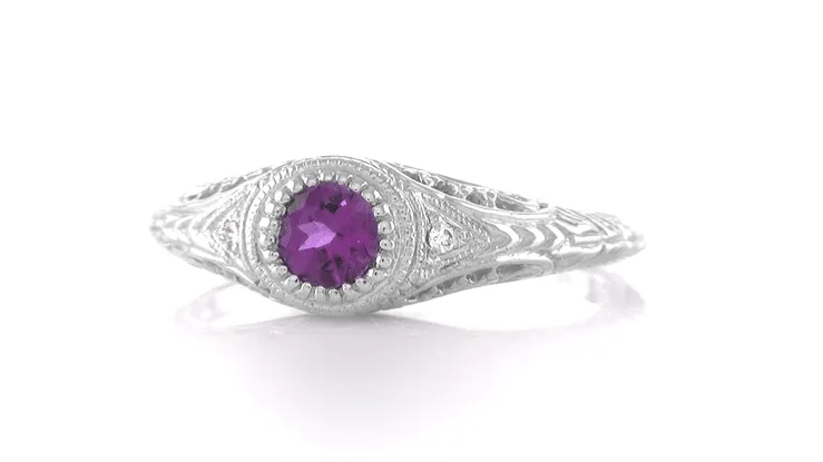 Art Deco Engraved Amethyst and Diamond Filigree Engagement Ring in White Gold - 14K or 18K