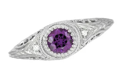 Art Deco Engraved Amethyst and Diamond Filigree Engagement Ring in White Gold - 14K or 18K