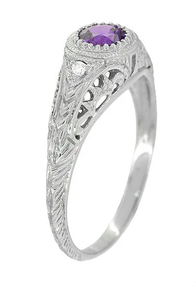 Art Deco Engraved Amethyst and Diamond Filigree Engagement Ring in White Gold - 14K or 18K