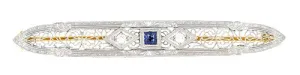 Art Deco Filigree Diamond and Sapphire Antique Krementz Brooch in 14 Karat Gold