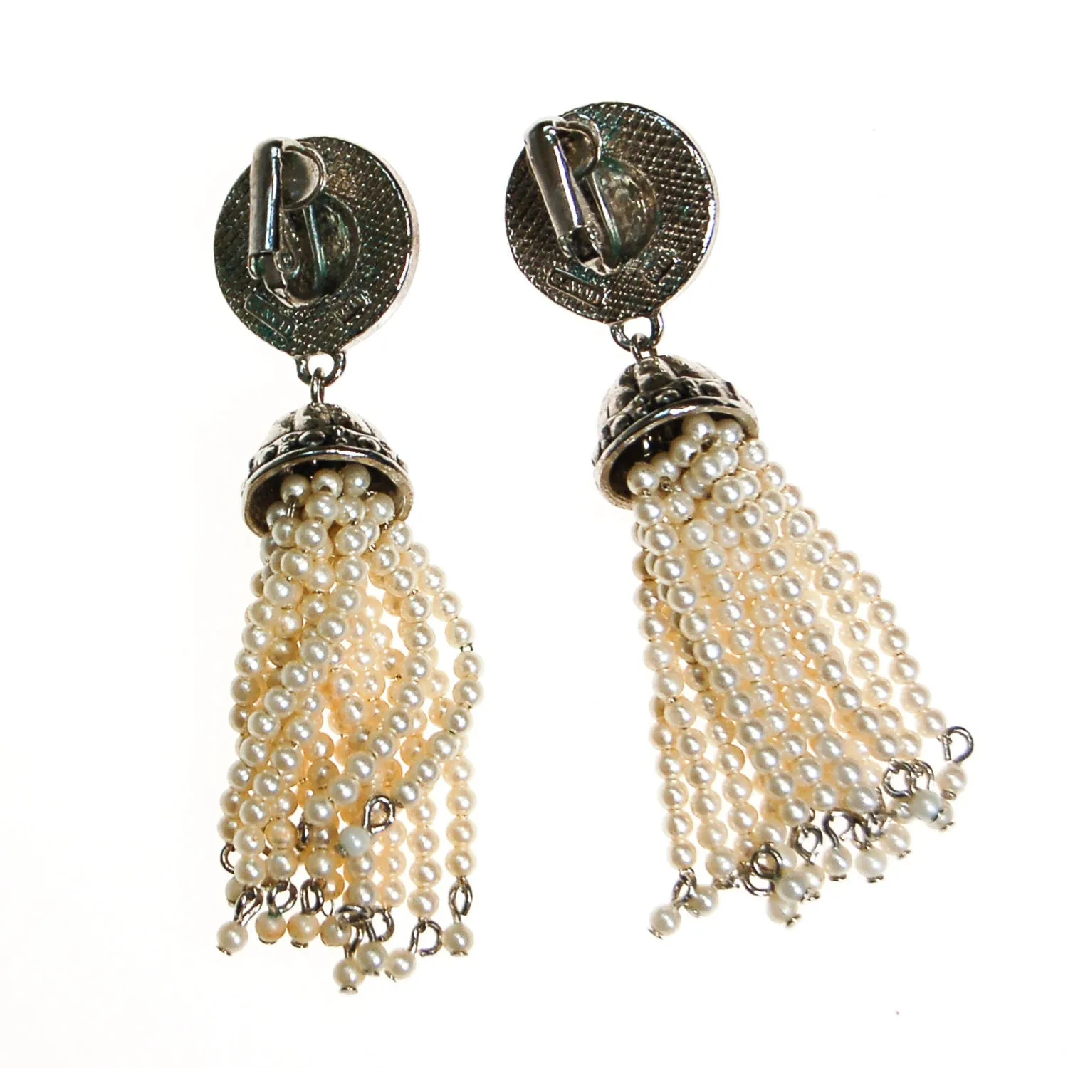 Art Deco Inspired Pearl and Rhinestone Tassel Earrings by Avon