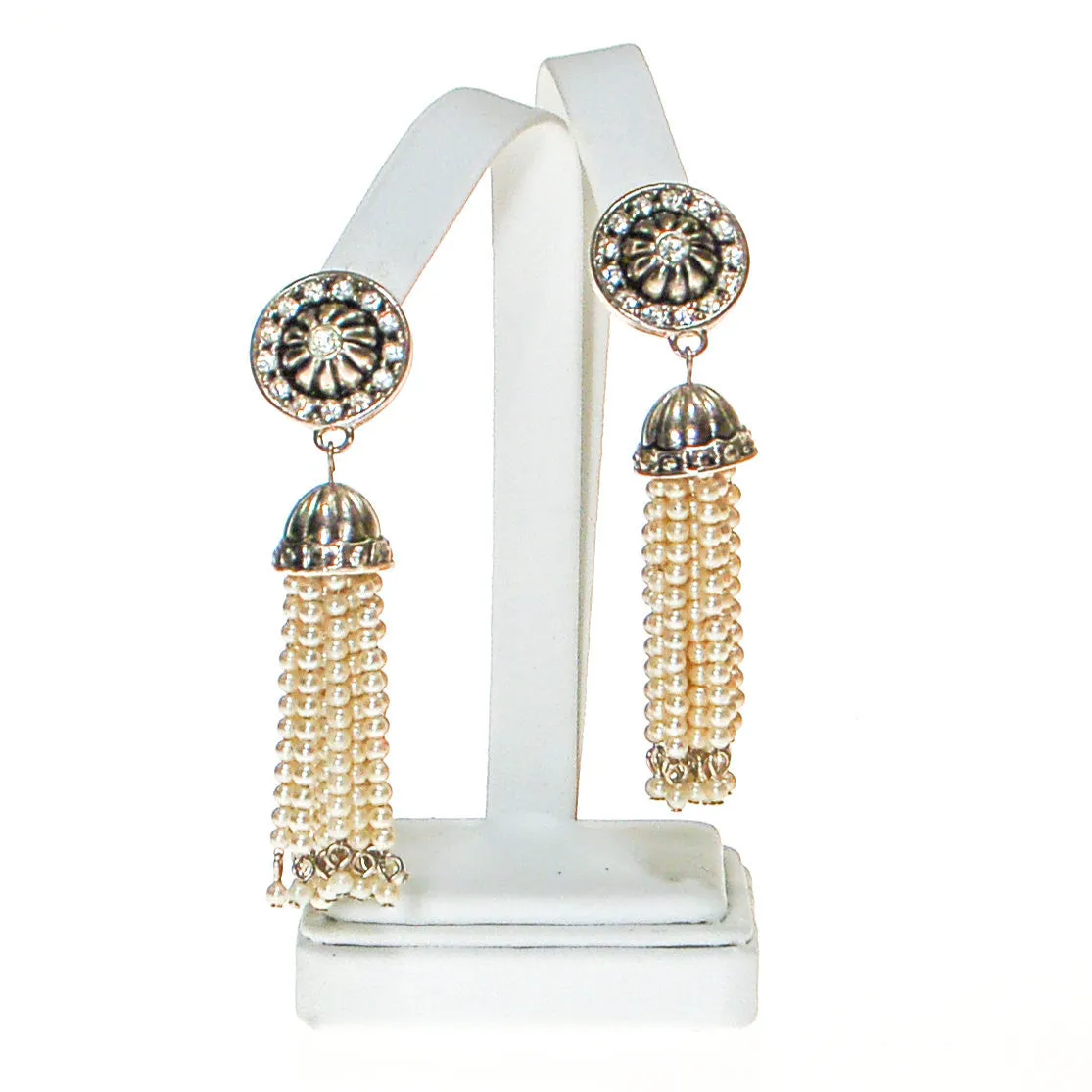Art Deco Inspired Pearl and Rhinestone Tassel Earrings by Avon