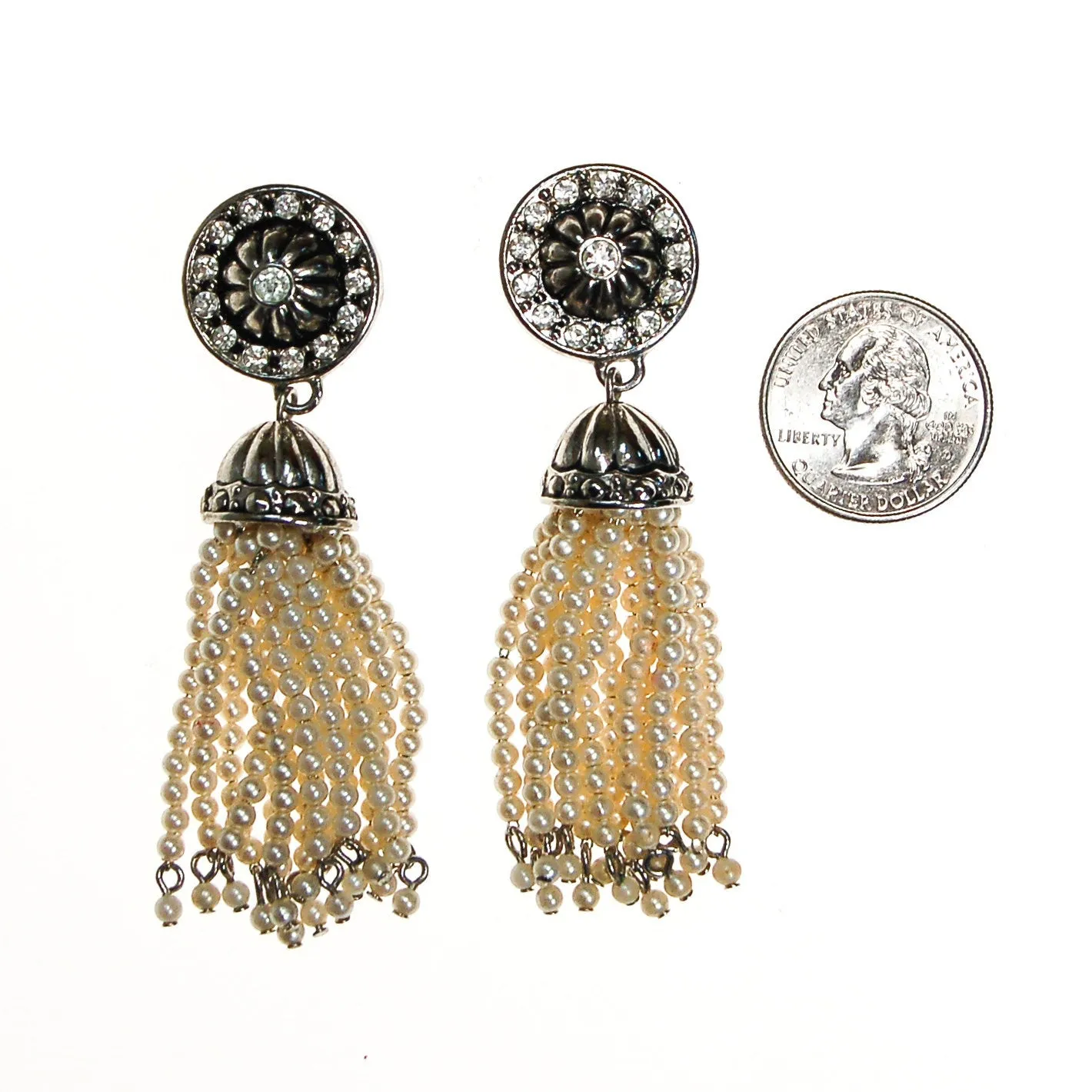 Art Deco Inspired Pearl and Rhinestone Tassel Earrings by Avon