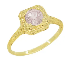 Art Deco Morganite Filigree Scrolls Engraved Engagement Ring with in 14 Karat Yellow Gold