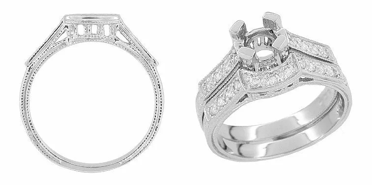 Art Deco Platinum Filigree Carved Coordinating Diamond Wedding Ring