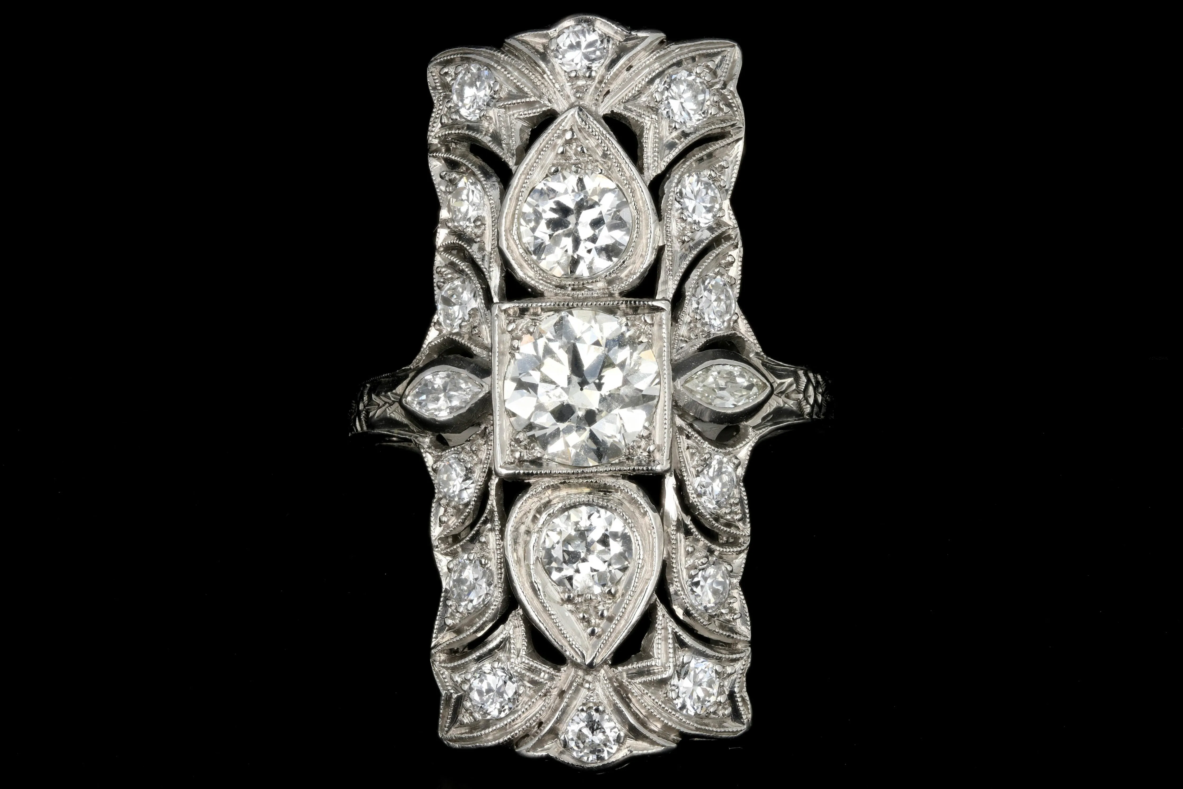Art Deco Platinum Three Stone Old European Diamond Shield Ring 2.5 CTW