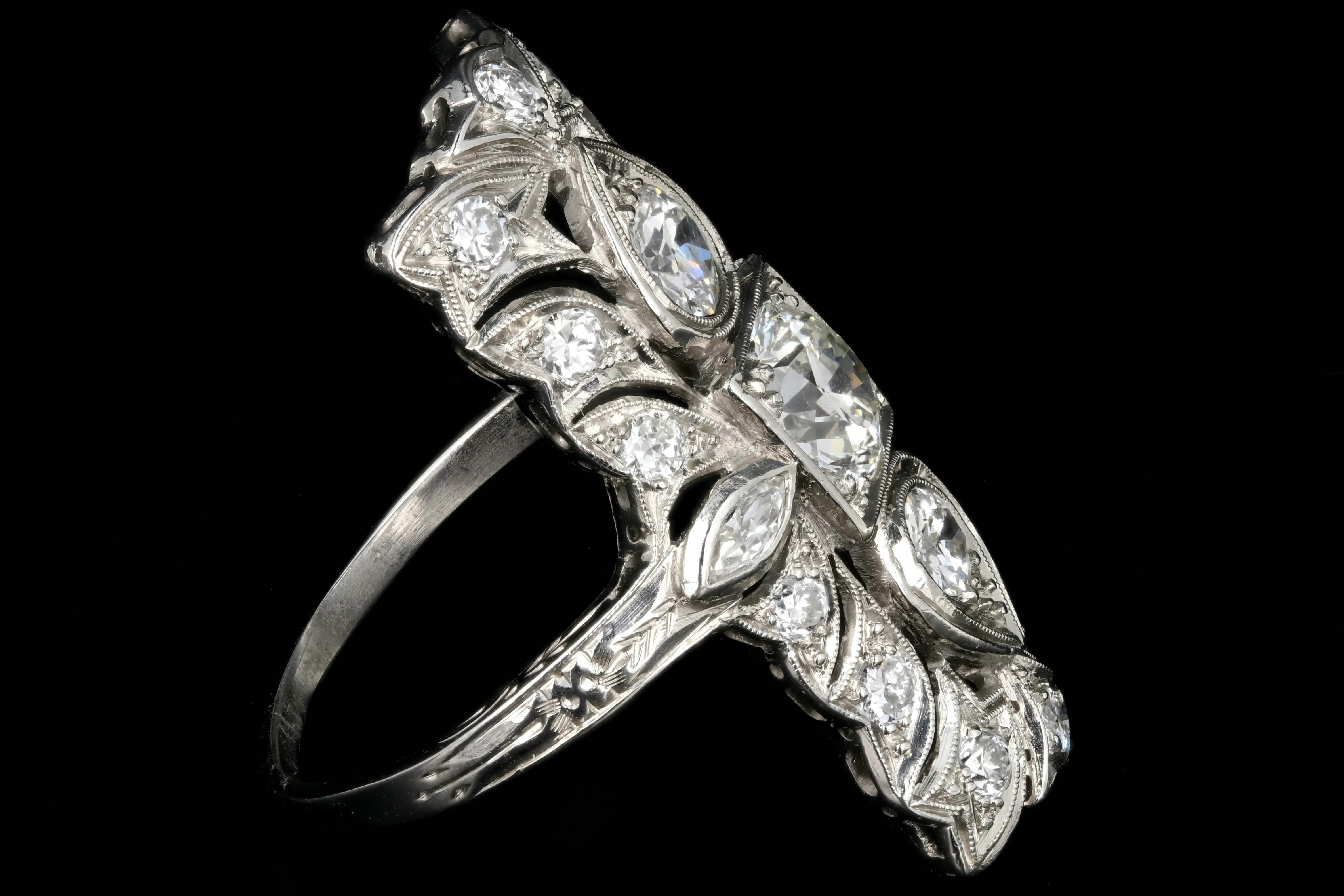 Art Deco Platinum Three Stone Old European Diamond Shield Ring 2.5 CTW