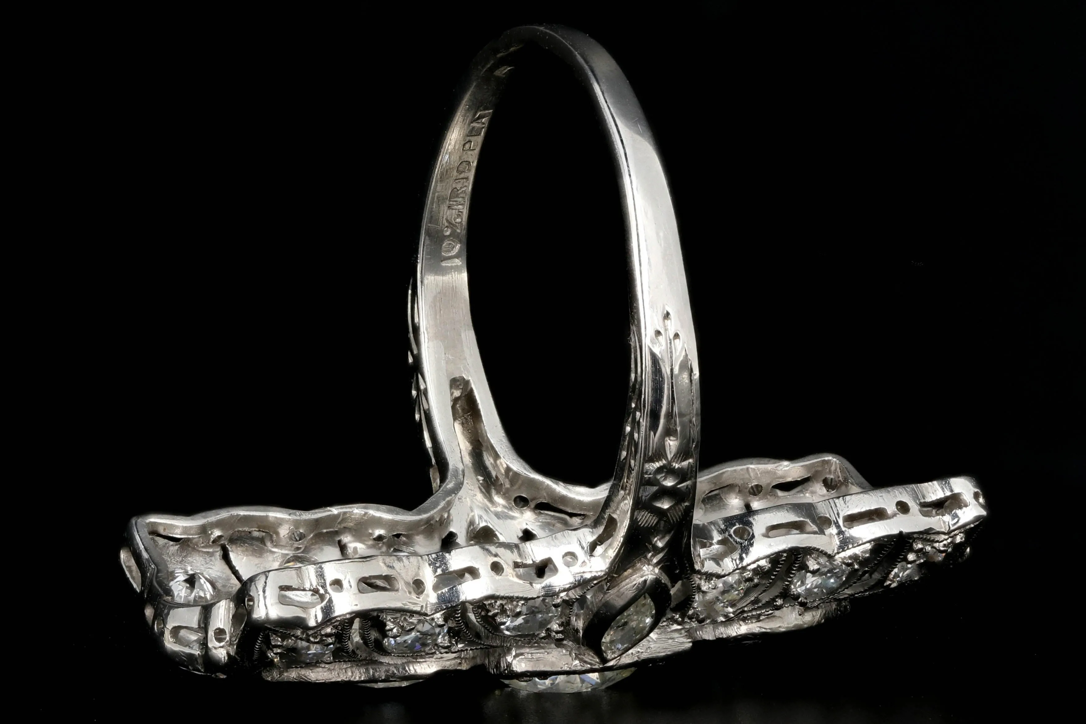 Art Deco Platinum Three Stone Old European Diamond Shield Ring 2.5 CTW
