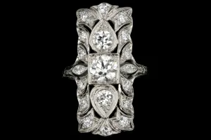 Art Deco Platinum Three Stone Old European Diamond Shield Ring 2.5 CTW
