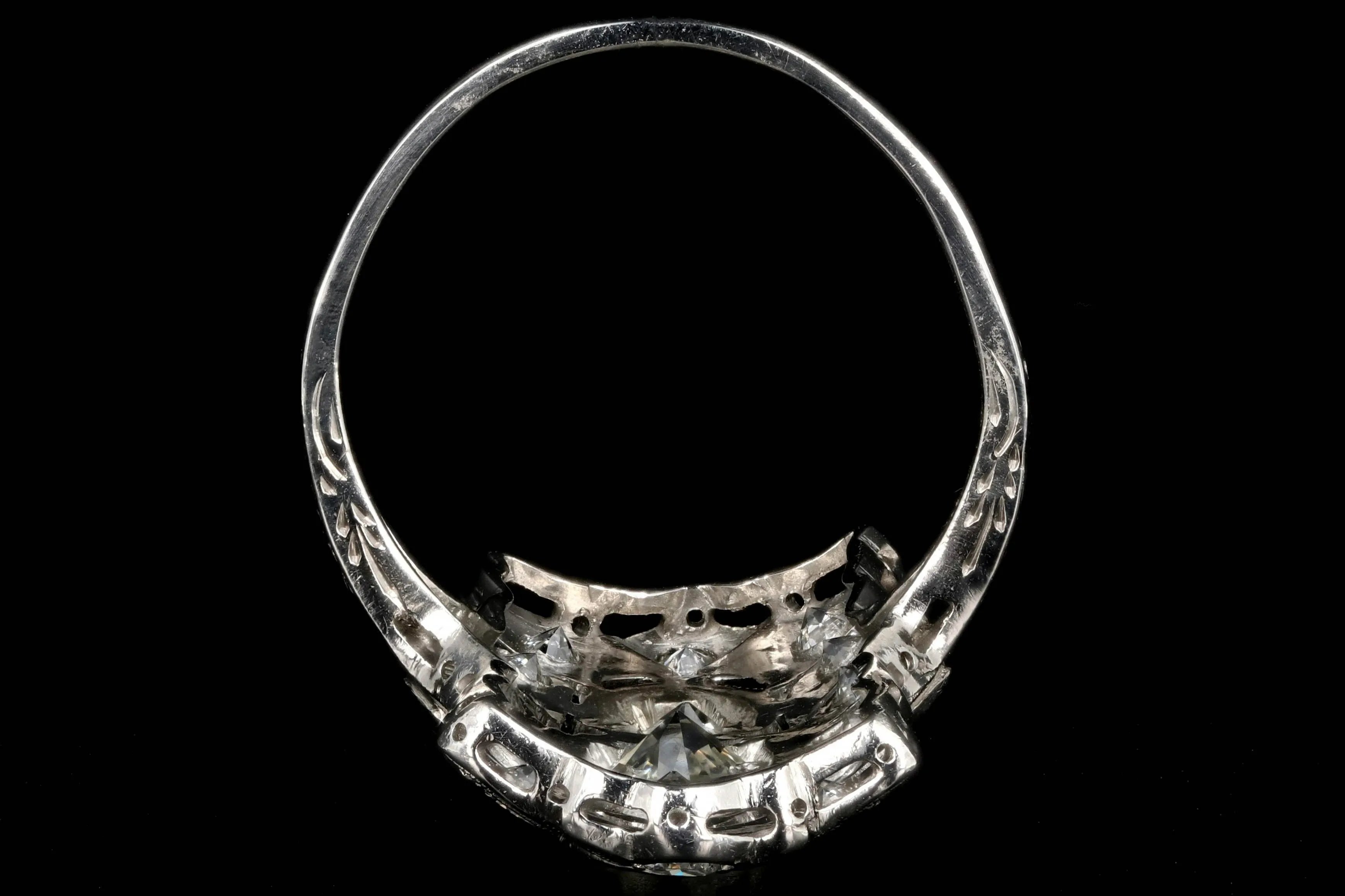 Art Deco Platinum Three Stone Old European Diamond Shield Ring 2.5 CTW