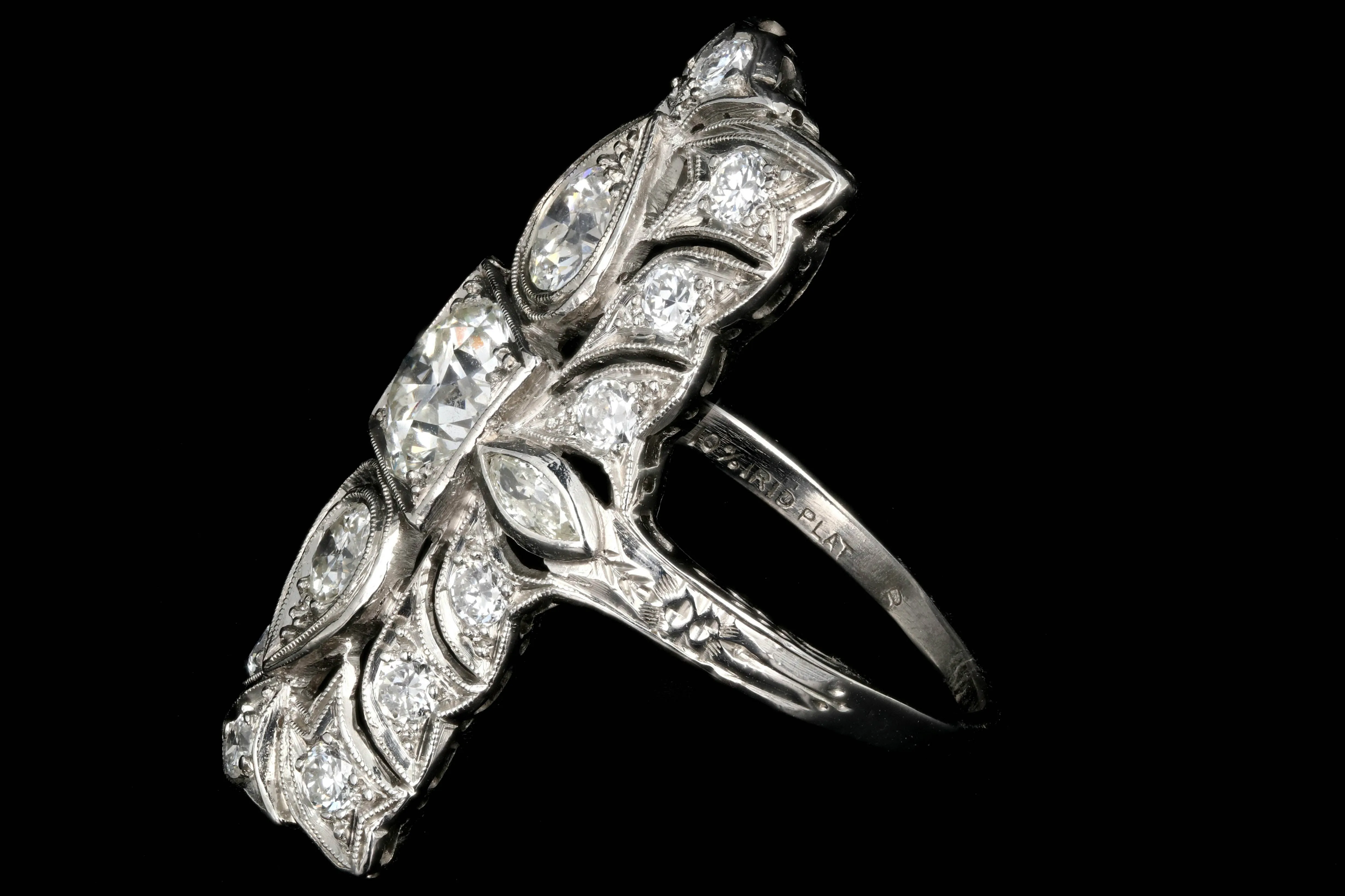 Art Deco Platinum Three Stone Old European Diamond Shield Ring 2.5 CTW
