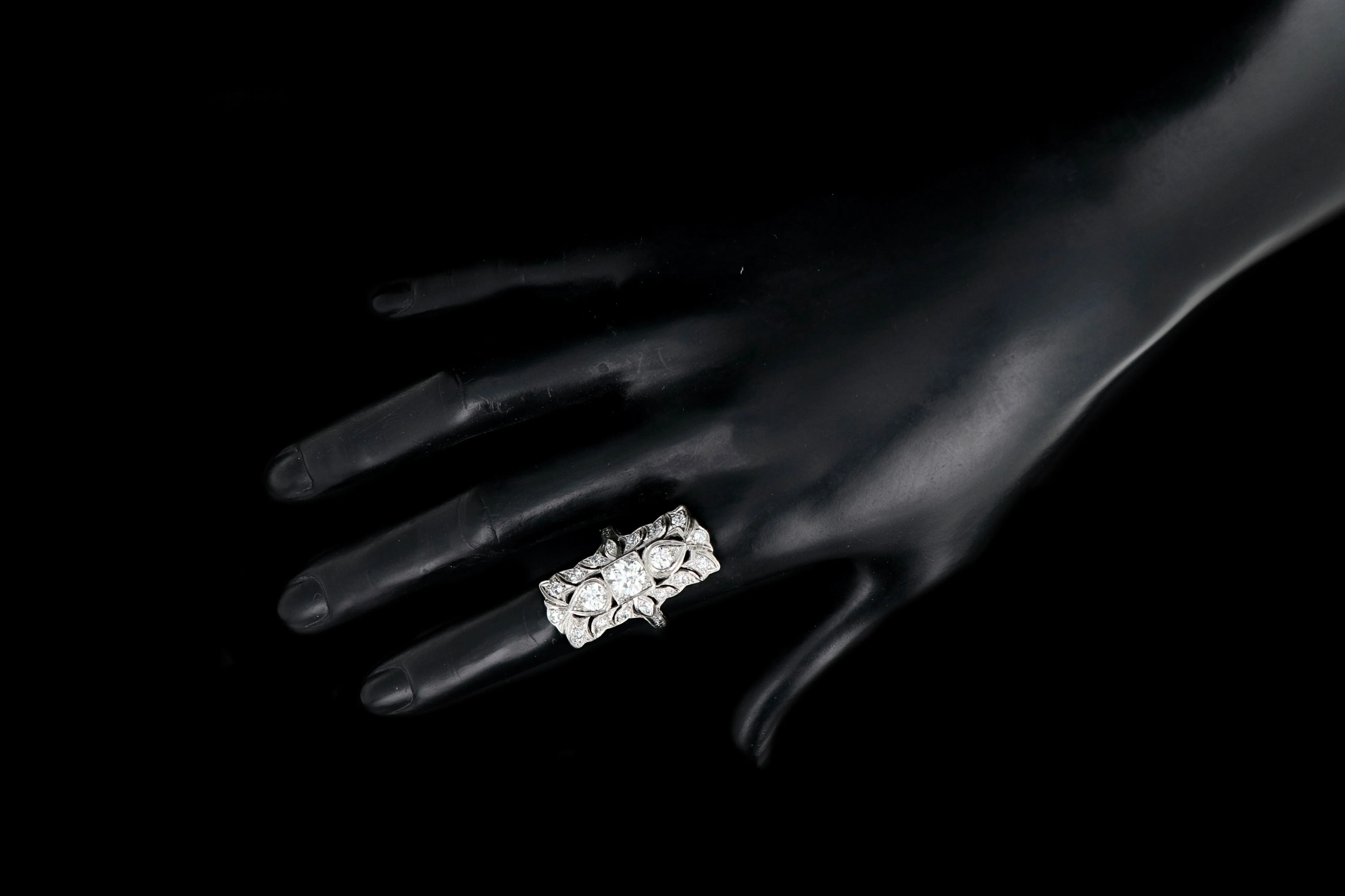 Art Deco Platinum Three Stone Old European Diamond Shield Ring 2.5 CTW