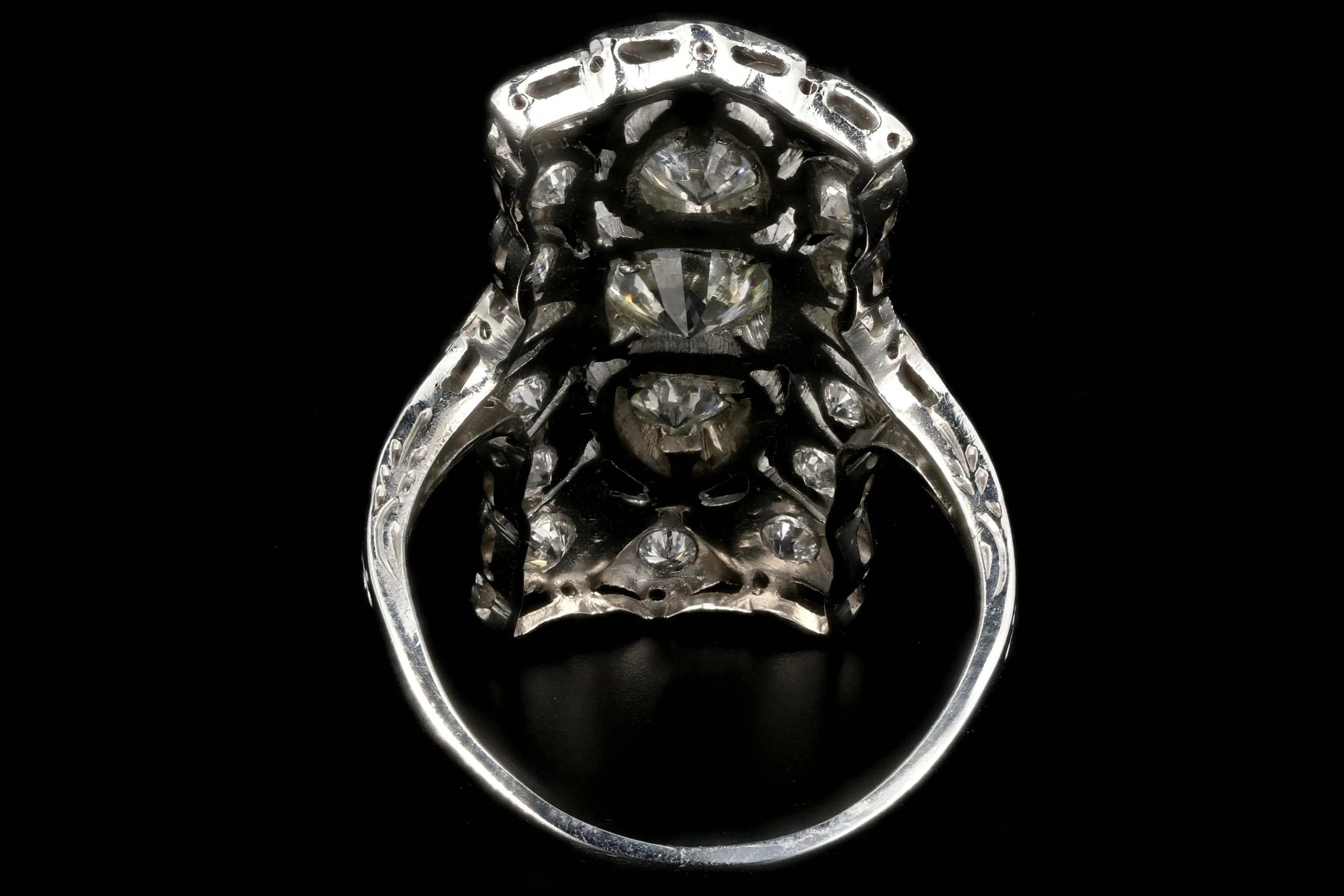 Art Deco Platinum Three Stone Old European Diamond Shield Ring 2.5 CTW