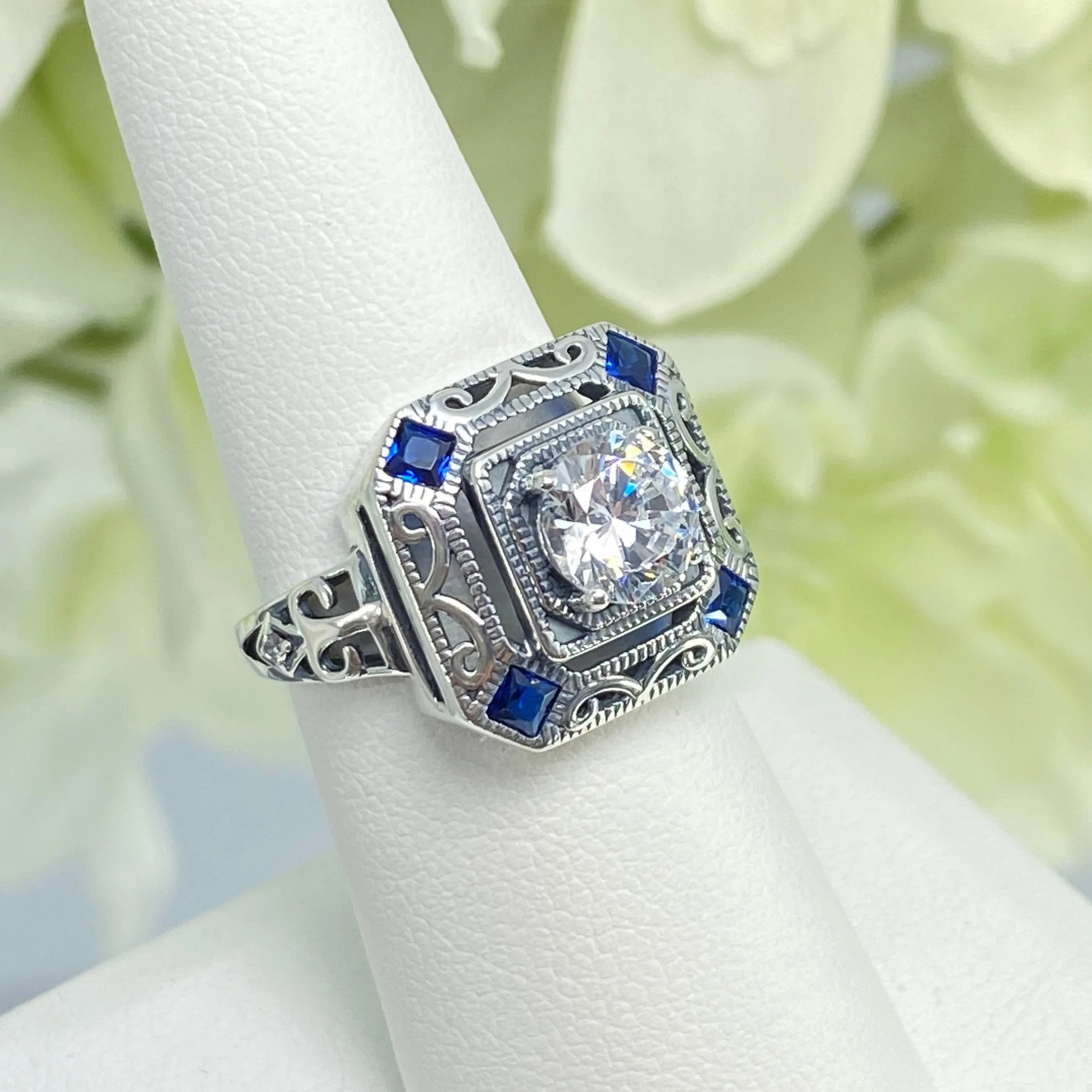 Art Deco Ring, Size 7, Blue Sapphire Vintage Revival Jewelry #D68 - Ready to Ship