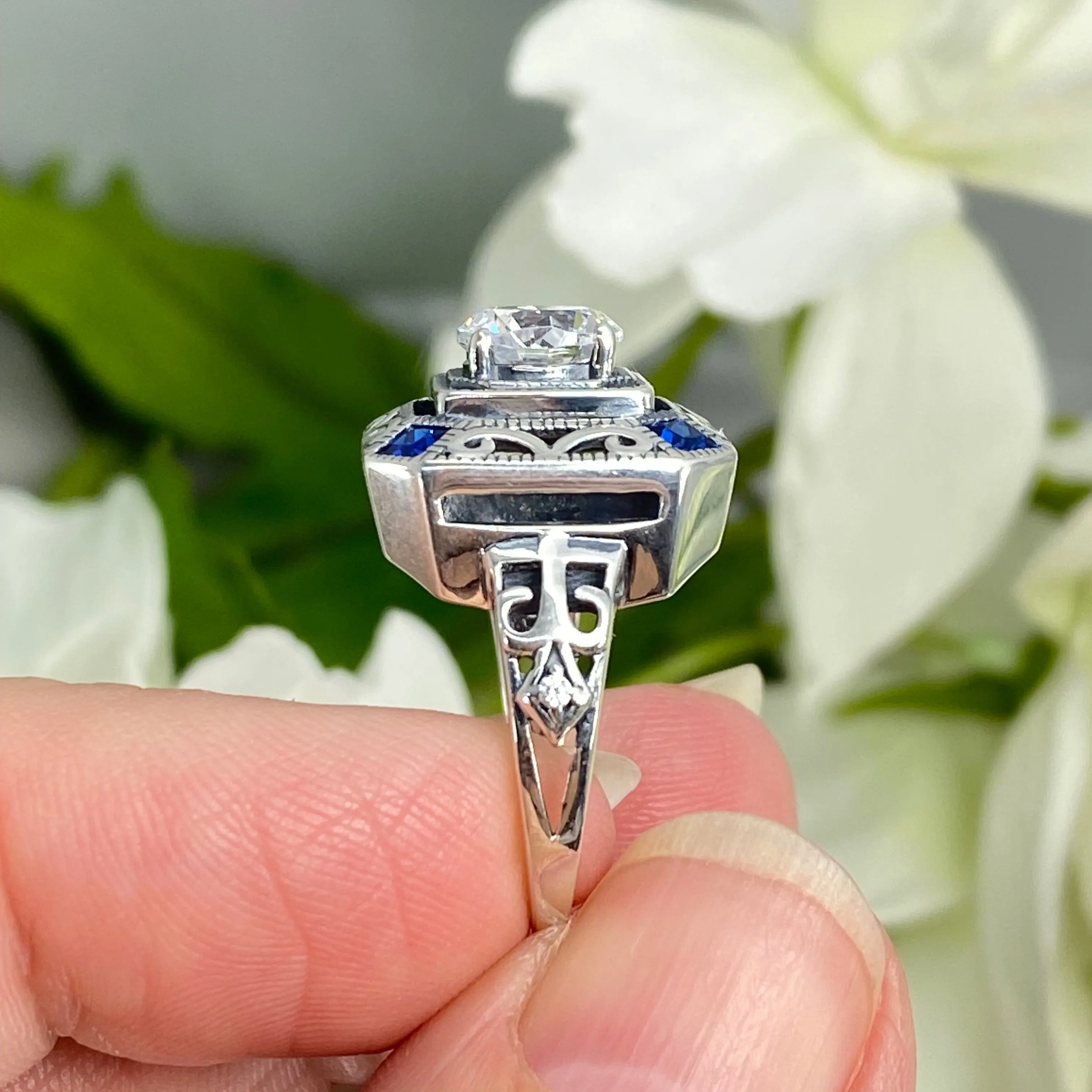 Art Deco Ring, Size 7, Blue Sapphire Vintage Revival Jewelry #D68 - Ready to Ship