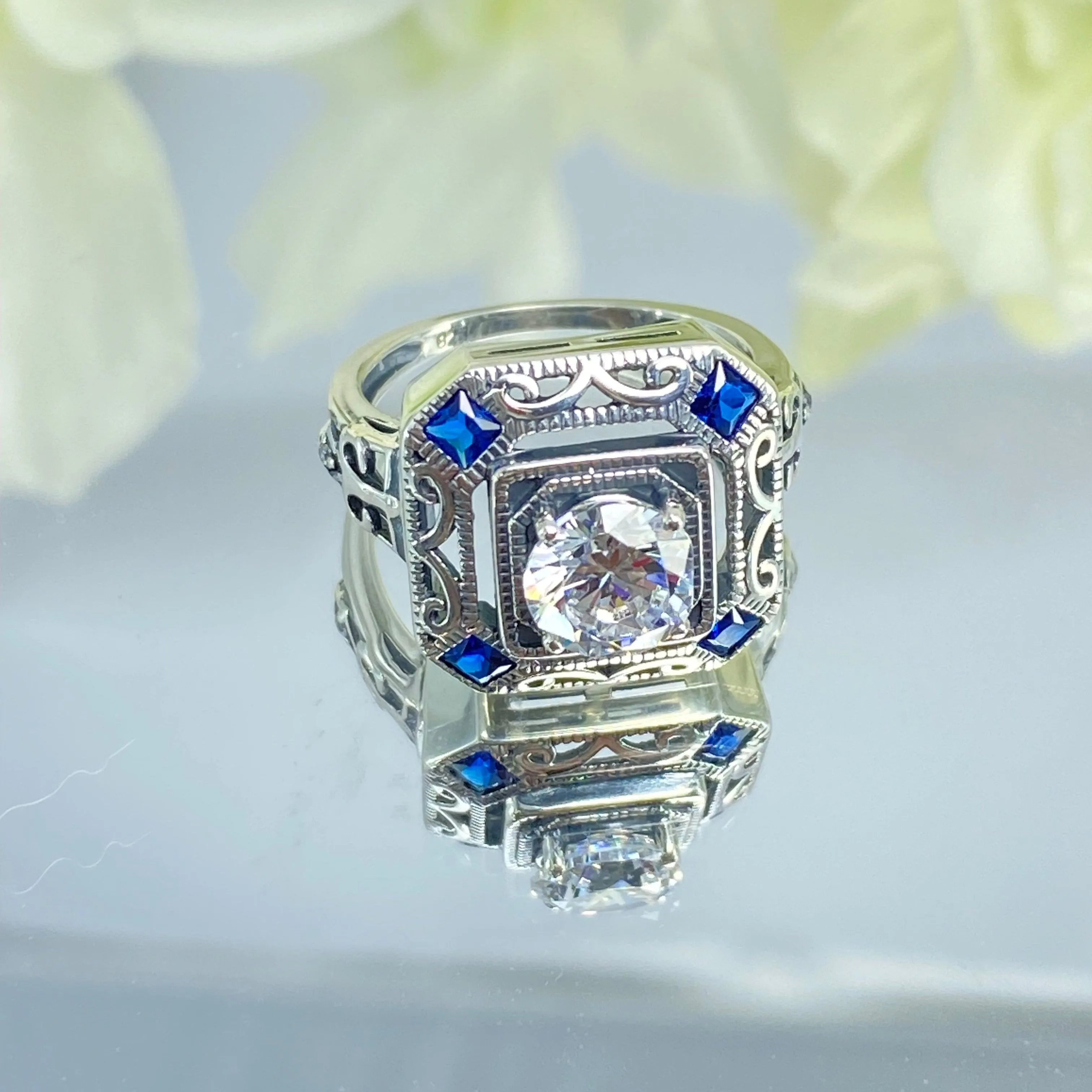 Art Deco Ring, Size 7, Blue Sapphire Vintage Revival Jewelry #D68 - Ready to Ship