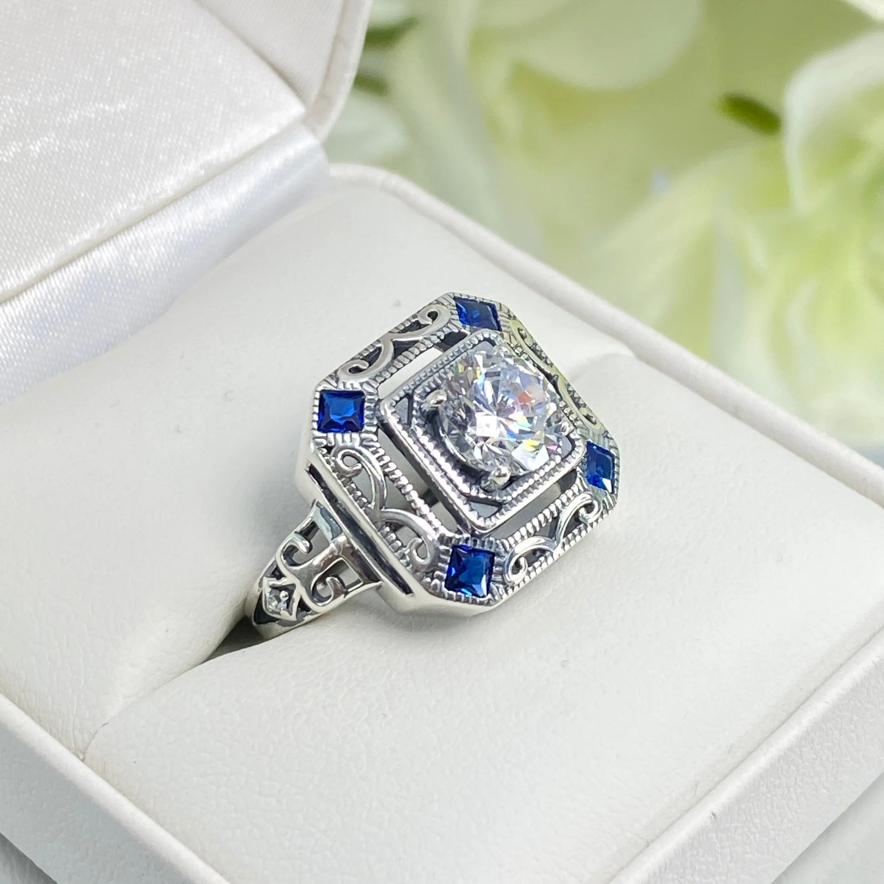 Art Deco Ring, Size 7, Blue Sapphire Vintage Revival Jewelry #D68 - Ready to Ship
