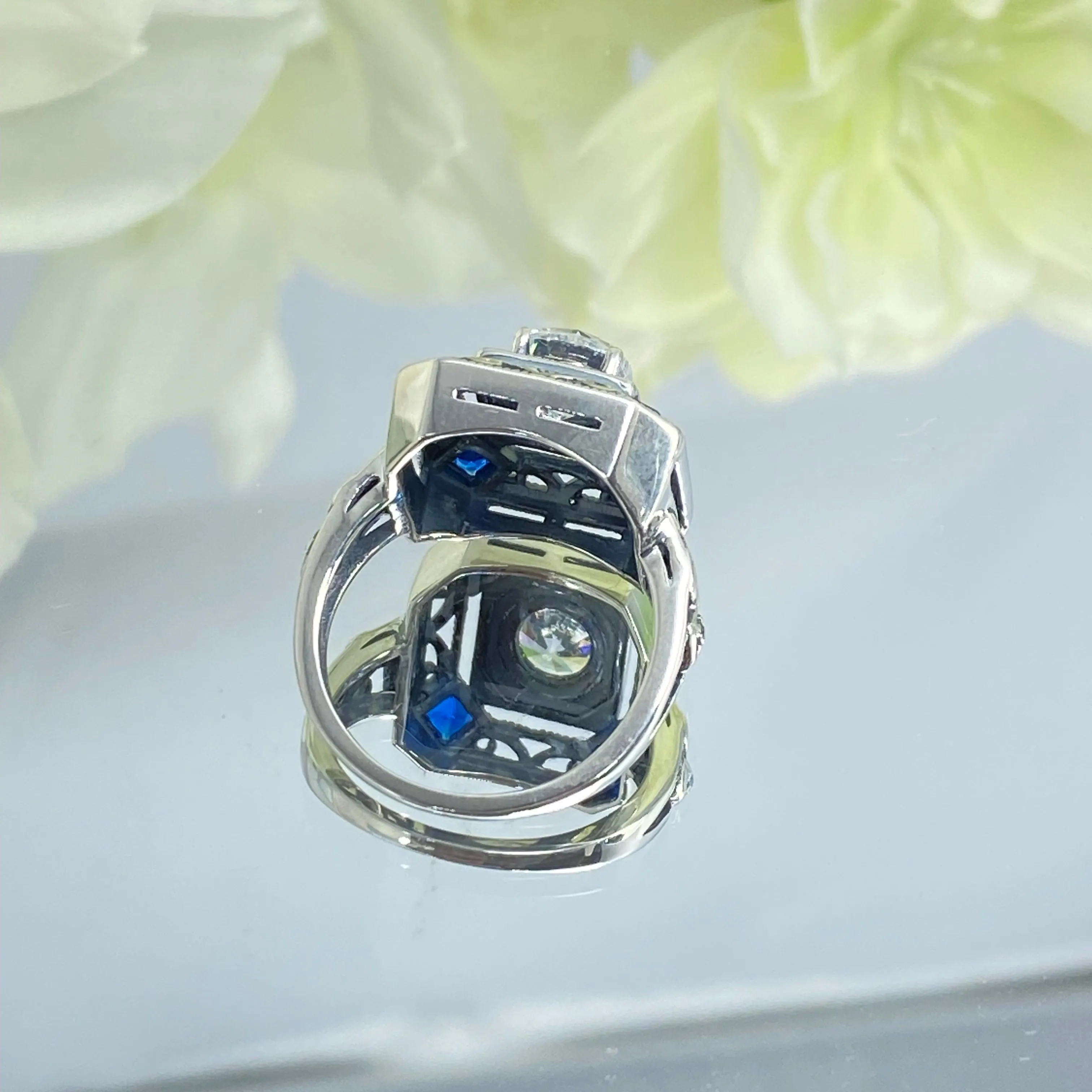 Art Deco Ring, Size 7, Blue Sapphire Vintage Revival Jewelry #D68 - Ready to Ship