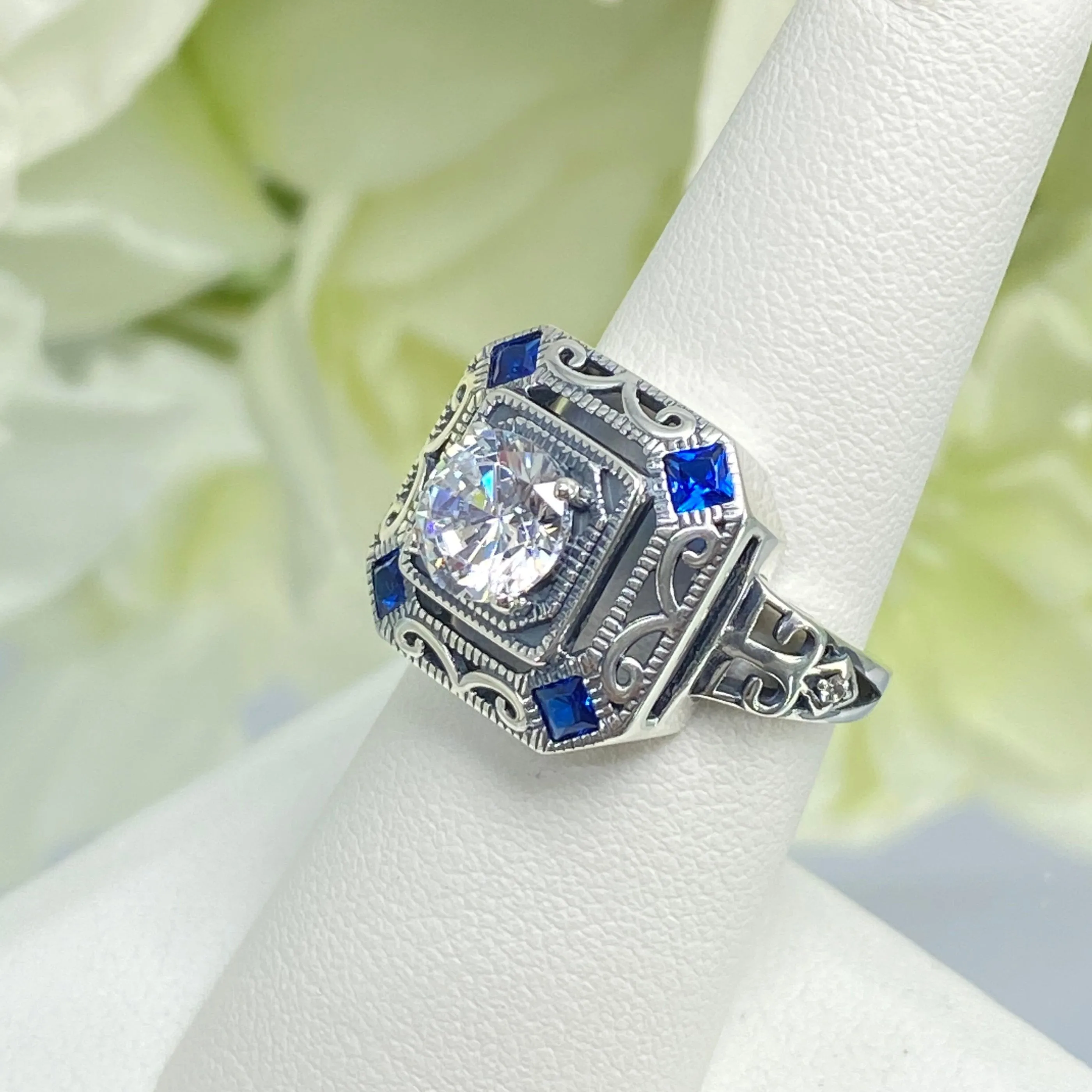 Art Deco Ring, Size 7, Blue Sapphire Vintage Revival Jewelry #D68 - Ready to Ship