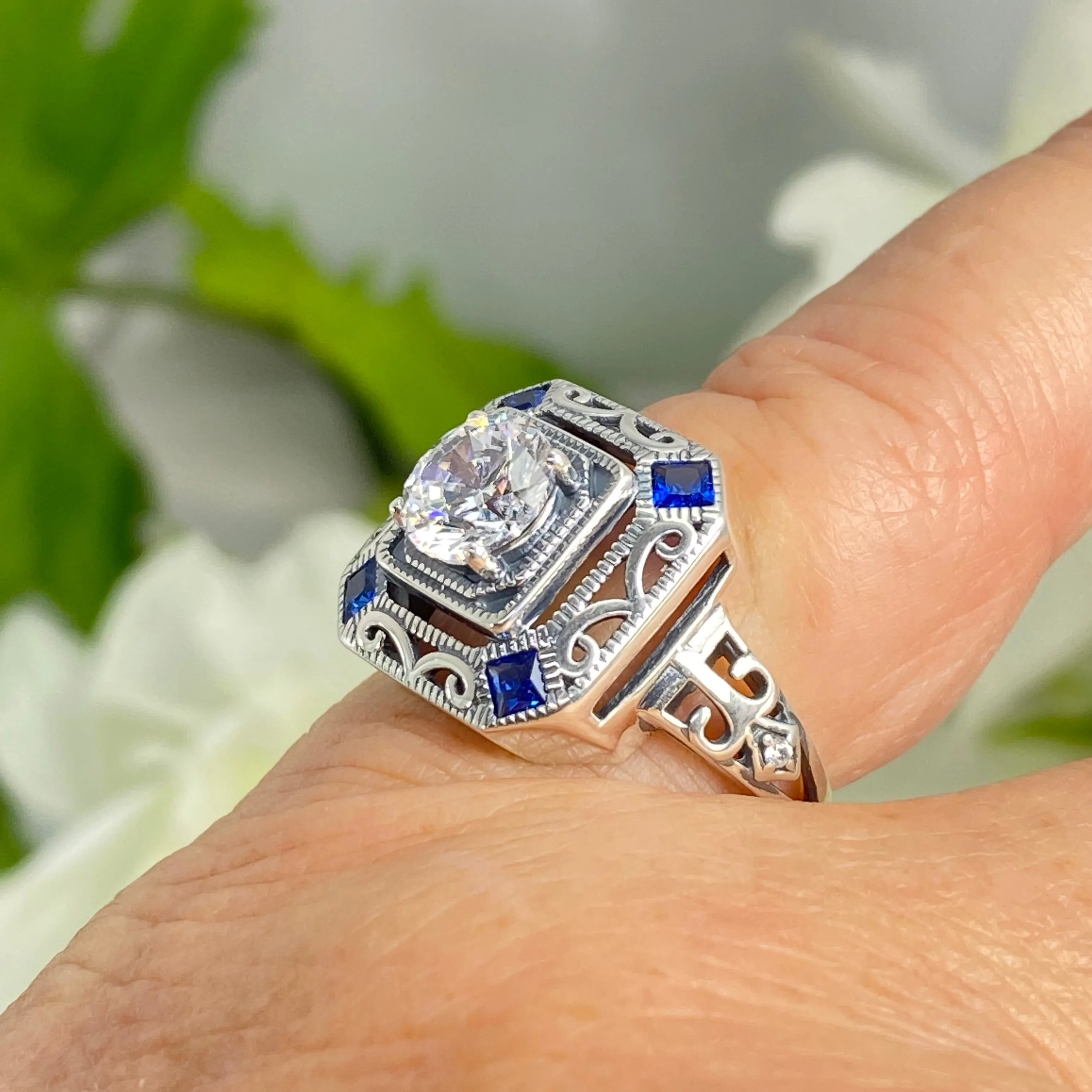 Art Deco Ring, Size 7, Blue Sapphire Vintage Revival Jewelry #D68 - Ready to Ship