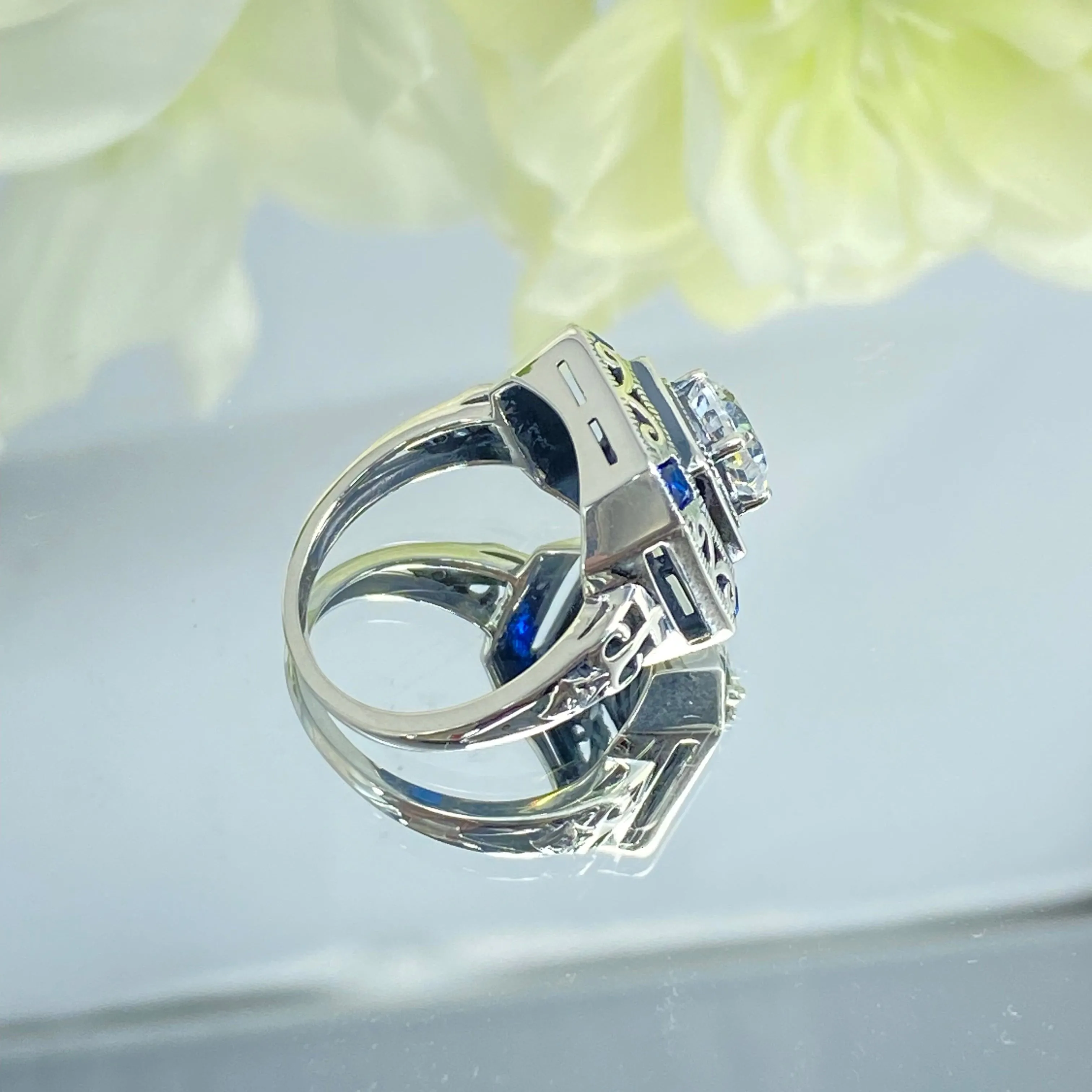 Art Deco Ring, Size 7, Blue Sapphire Vintage Revival Jewelry #D68 - Ready to Ship