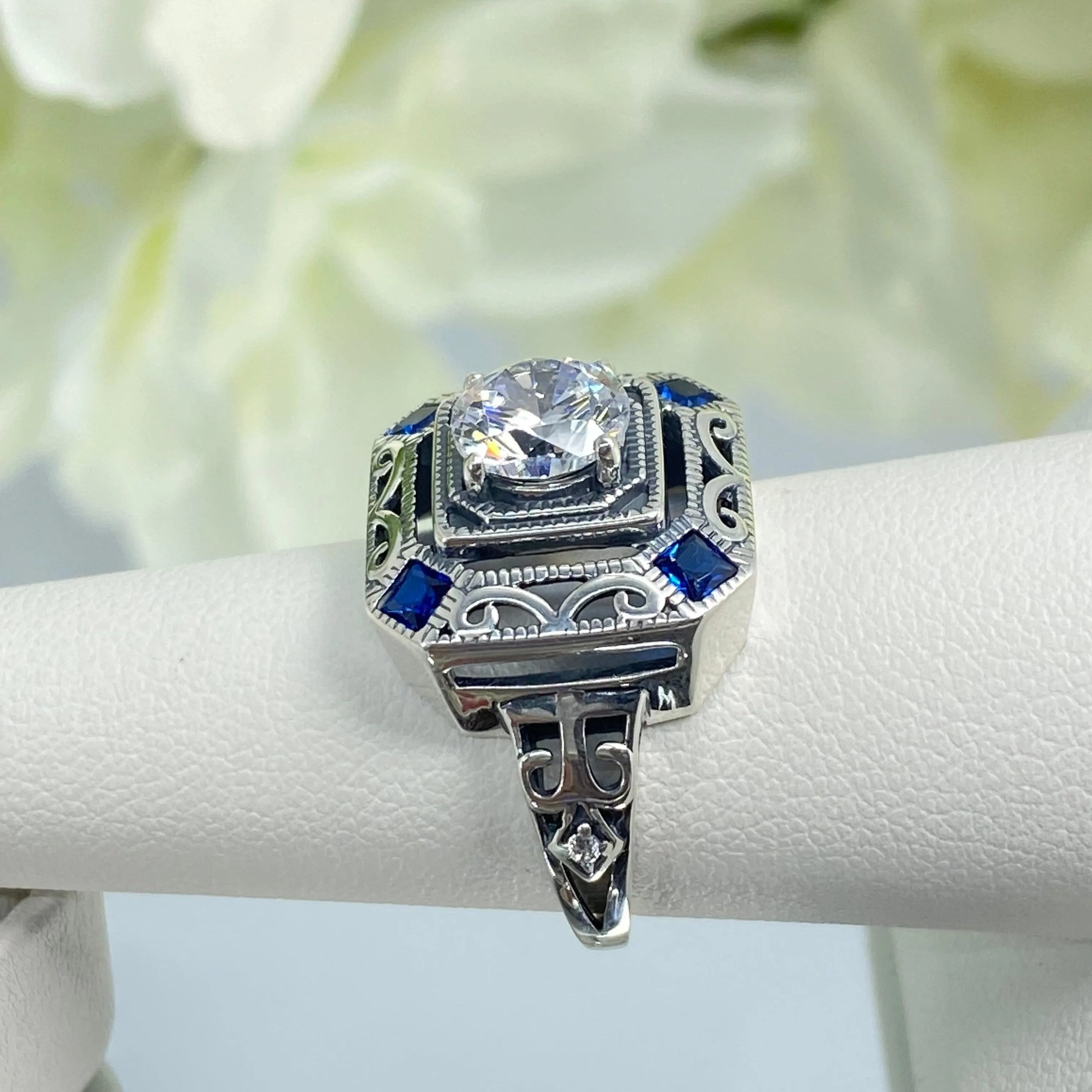 Art Deco Ring, Size 7, Blue Sapphire Vintage Revival Jewelry #D68 - Ready to Ship