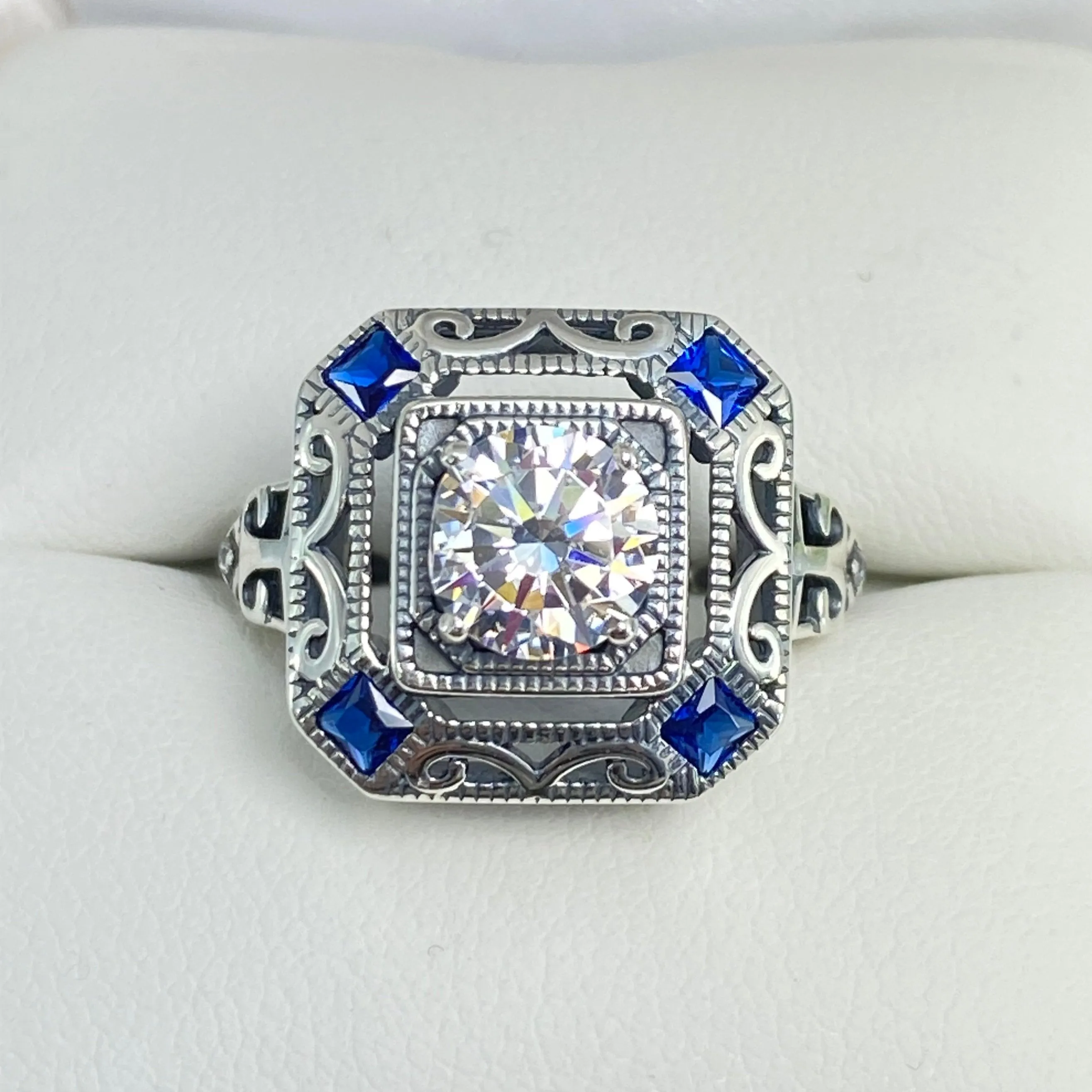 Art Deco Ring, Size 7, Blue Sapphire Vintage Revival Jewelry #D68 - Ready to Ship