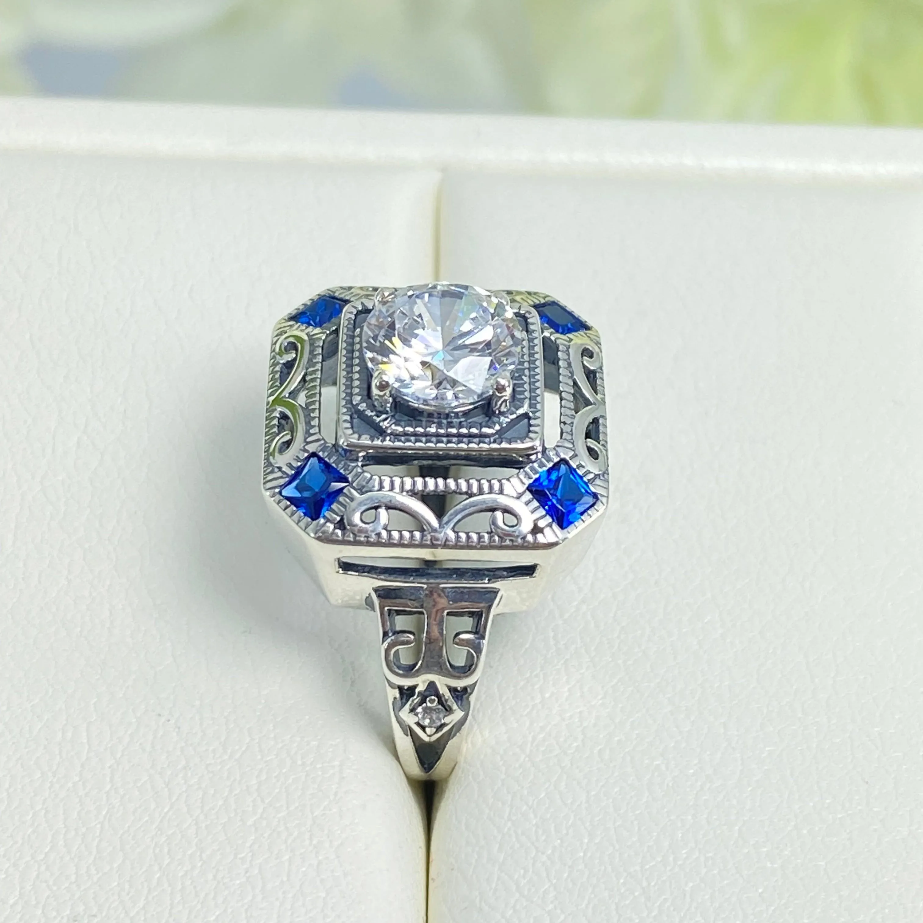 Art Deco Ring, Size 7, Blue Sapphire Vintage Revival Jewelry #D68 - Ready to Ship