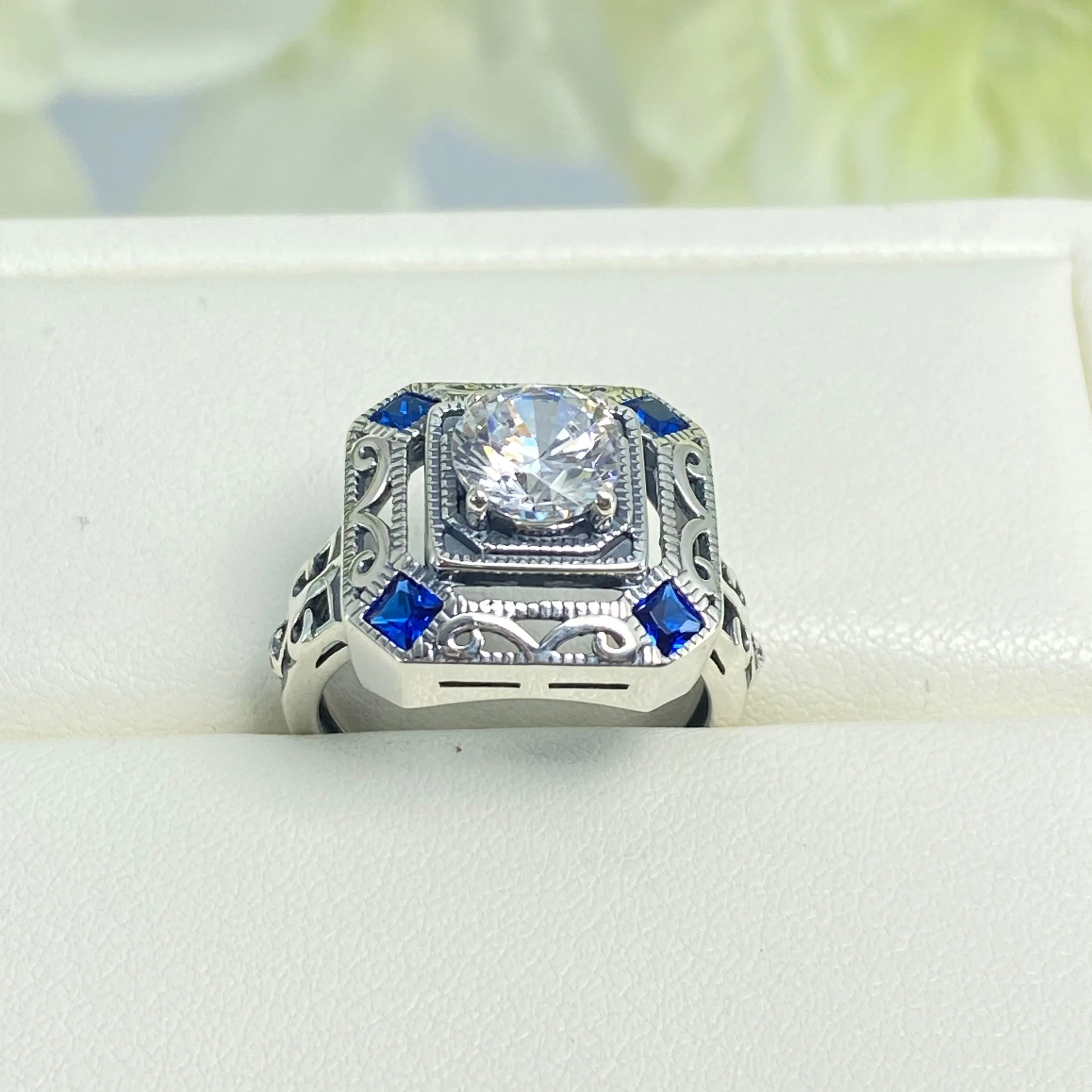 Art Deco Ring, Size 7, Blue Sapphire Vintage Revival Jewelry #D68 - Ready to Ship