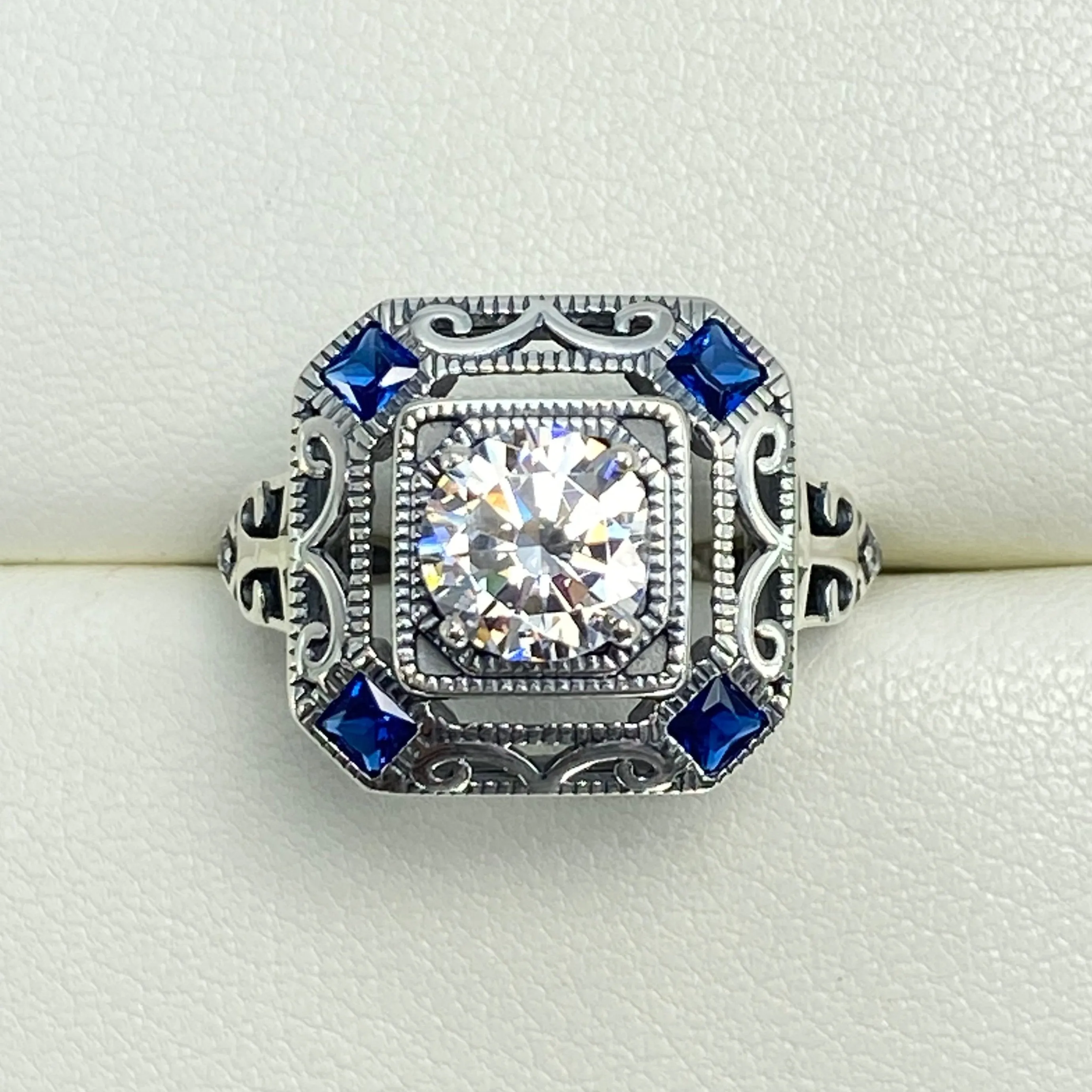 Art Deco Ring, Size 7, Blue Sapphire Vintage Revival Jewelry #D68 - Ready to Ship