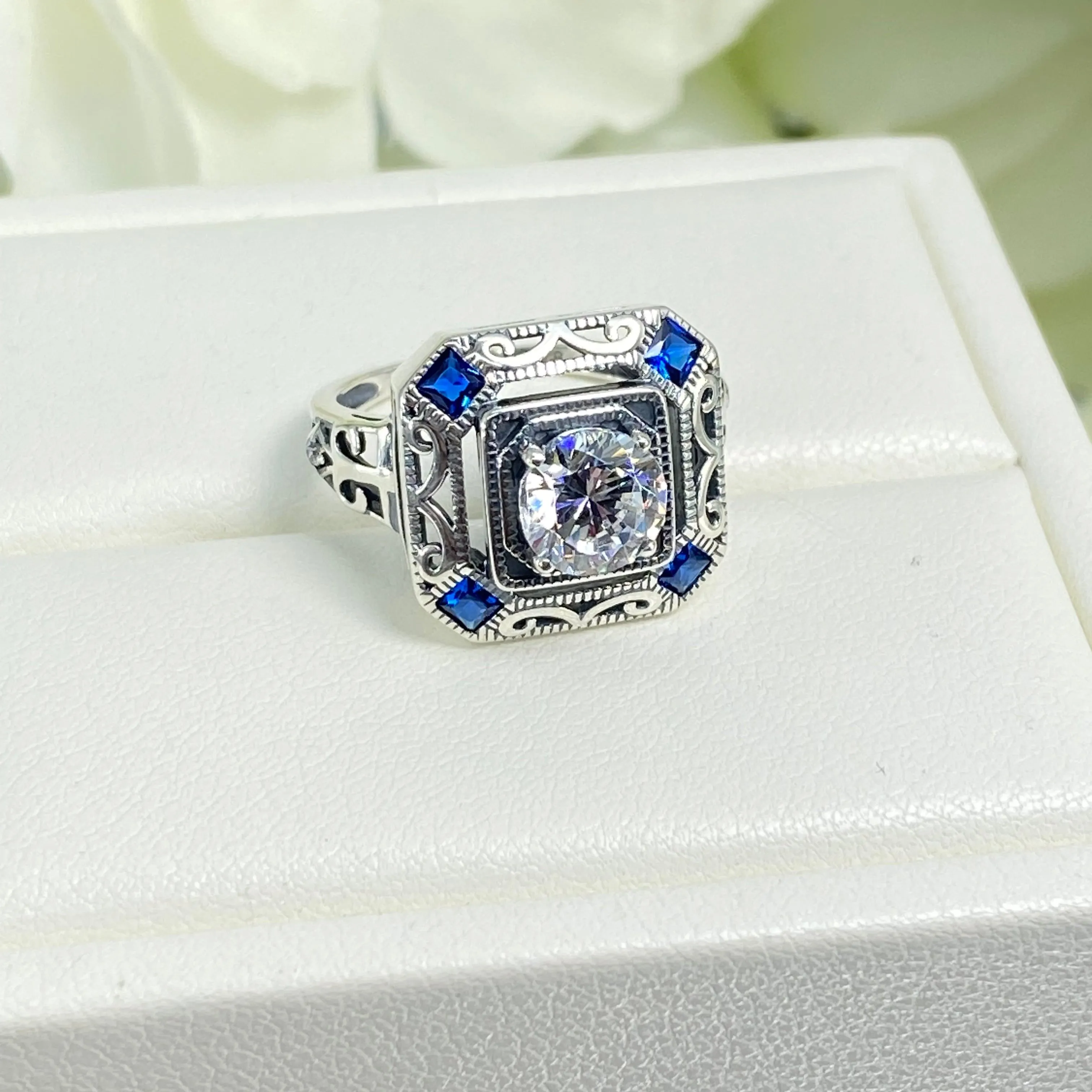 Art Deco Ring, Size 7, Blue Sapphire Vintage Revival Jewelry #D68 - Ready to Ship