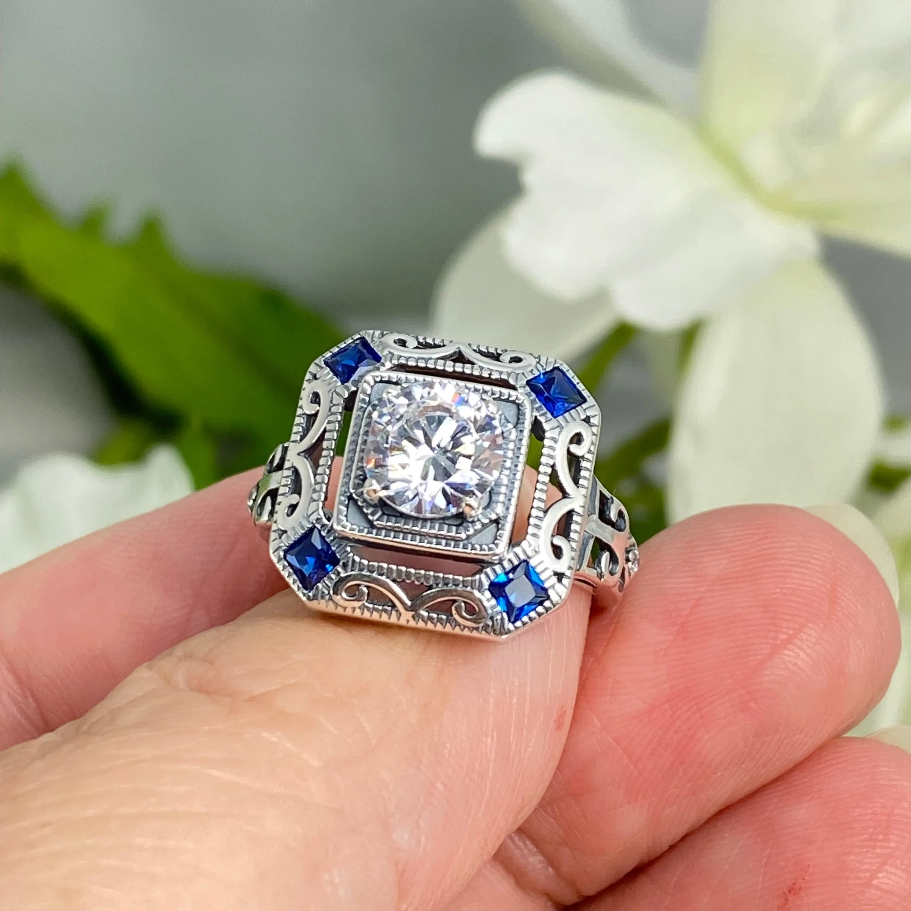 Art Deco Ring, Size 7, Blue Sapphire Vintage Revival Jewelry #D68 - Ready to Ship