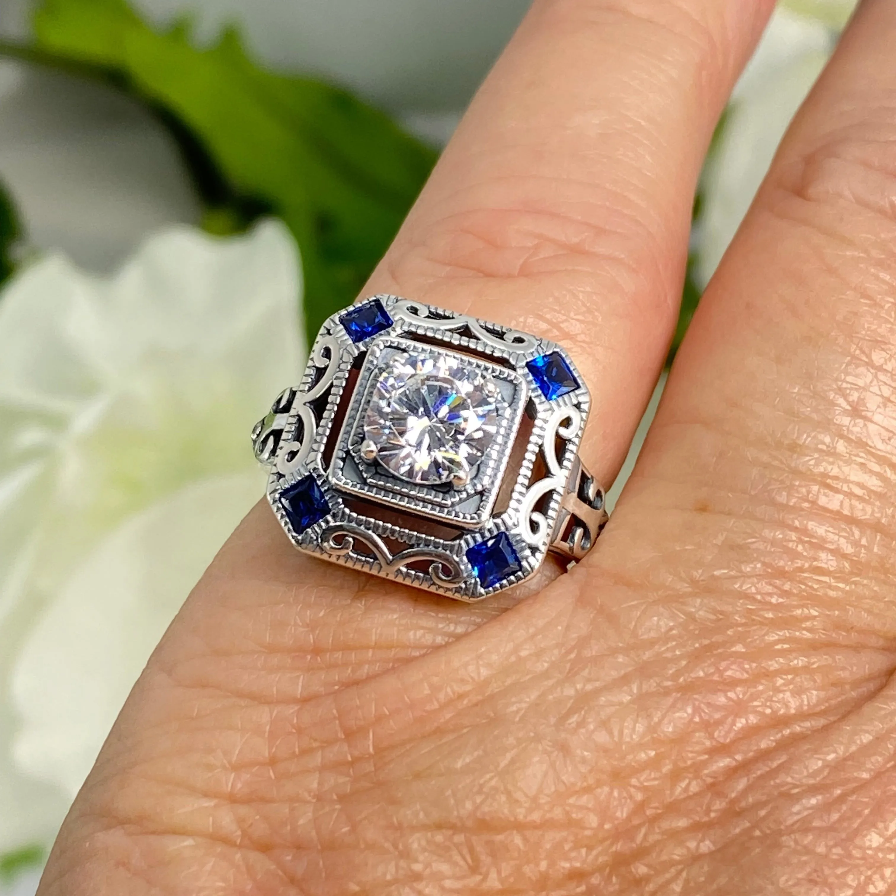 Art Deco Ring, Size 7, Blue Sapphire Vintage Revival Jewelry #D68 - Ready to Ship