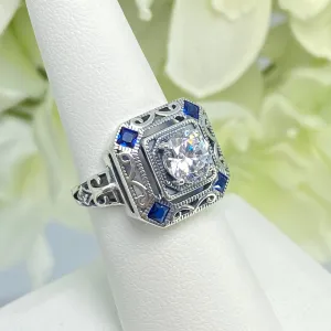 Art Deco Ring, Size 7, Blue Sapphire Vintage Revival Jewelry #D68 - Ready to Ship