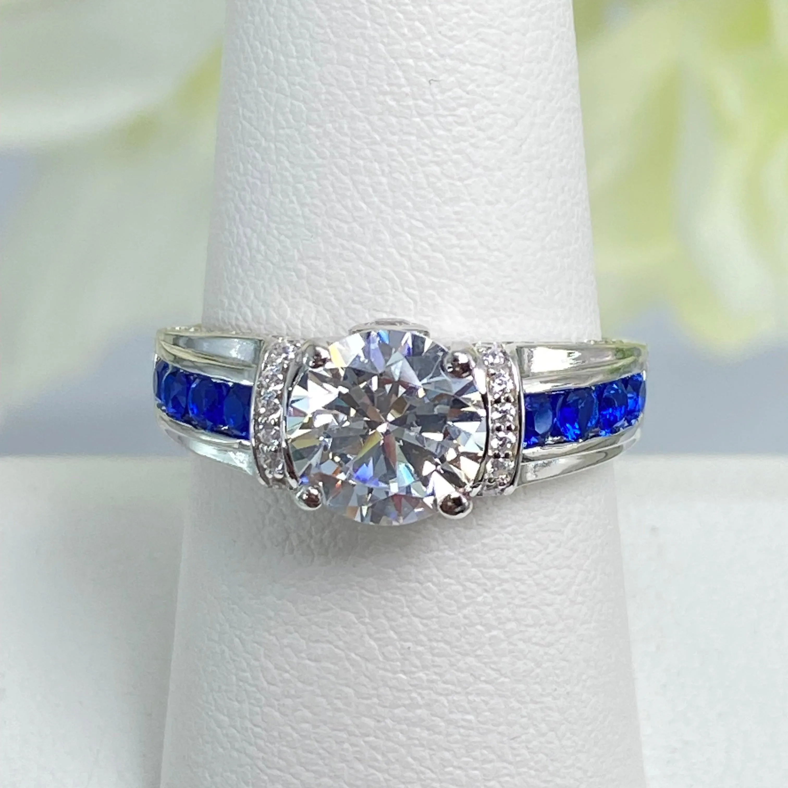 Art Deco Ring, Size 8.5, White CZ with Inlaid Blue Sapphire Gems, Vintage style Jewelry #D220 - Ready to Ship