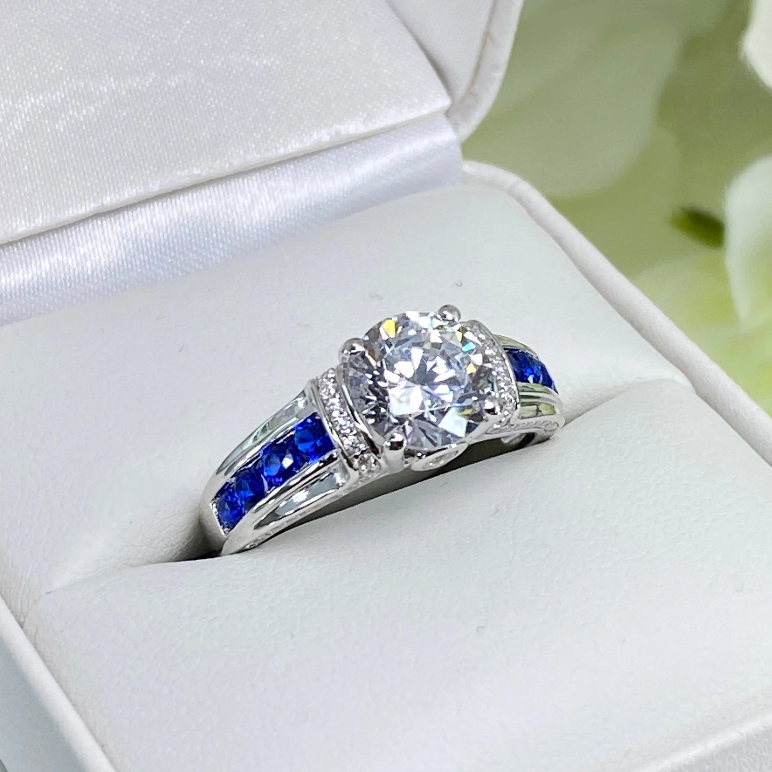 Art Deco Ring, Size 8.5, White CZ with Inlaid Blue Sapphire Gems, Vintage style Jewelry #D220 - Ready to Ship