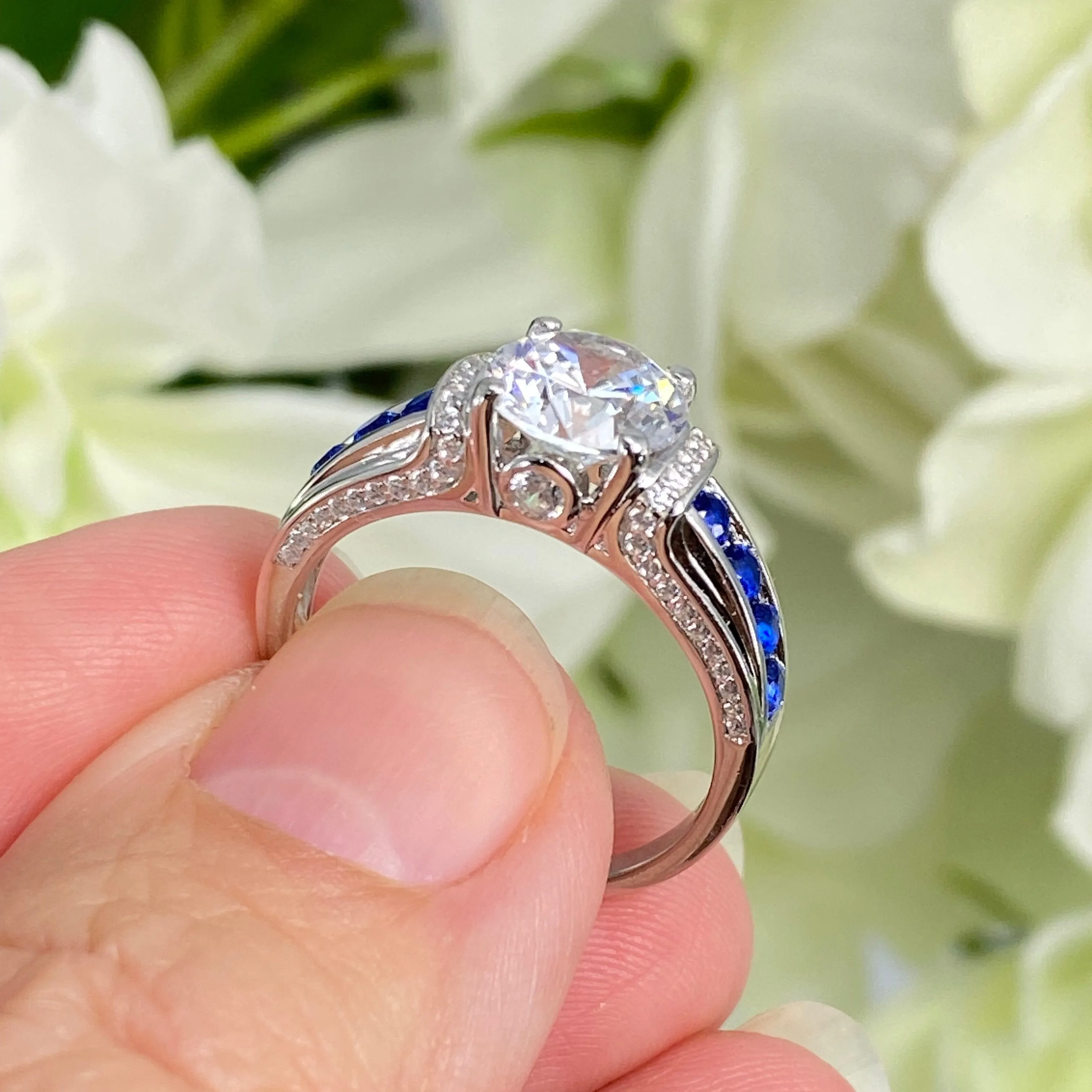 Art Deco Ring, Size 8.5, White CZ with Inlaid Blue Sapphire Gems, Vintage style Jewelry #D220 - Ready to Ship