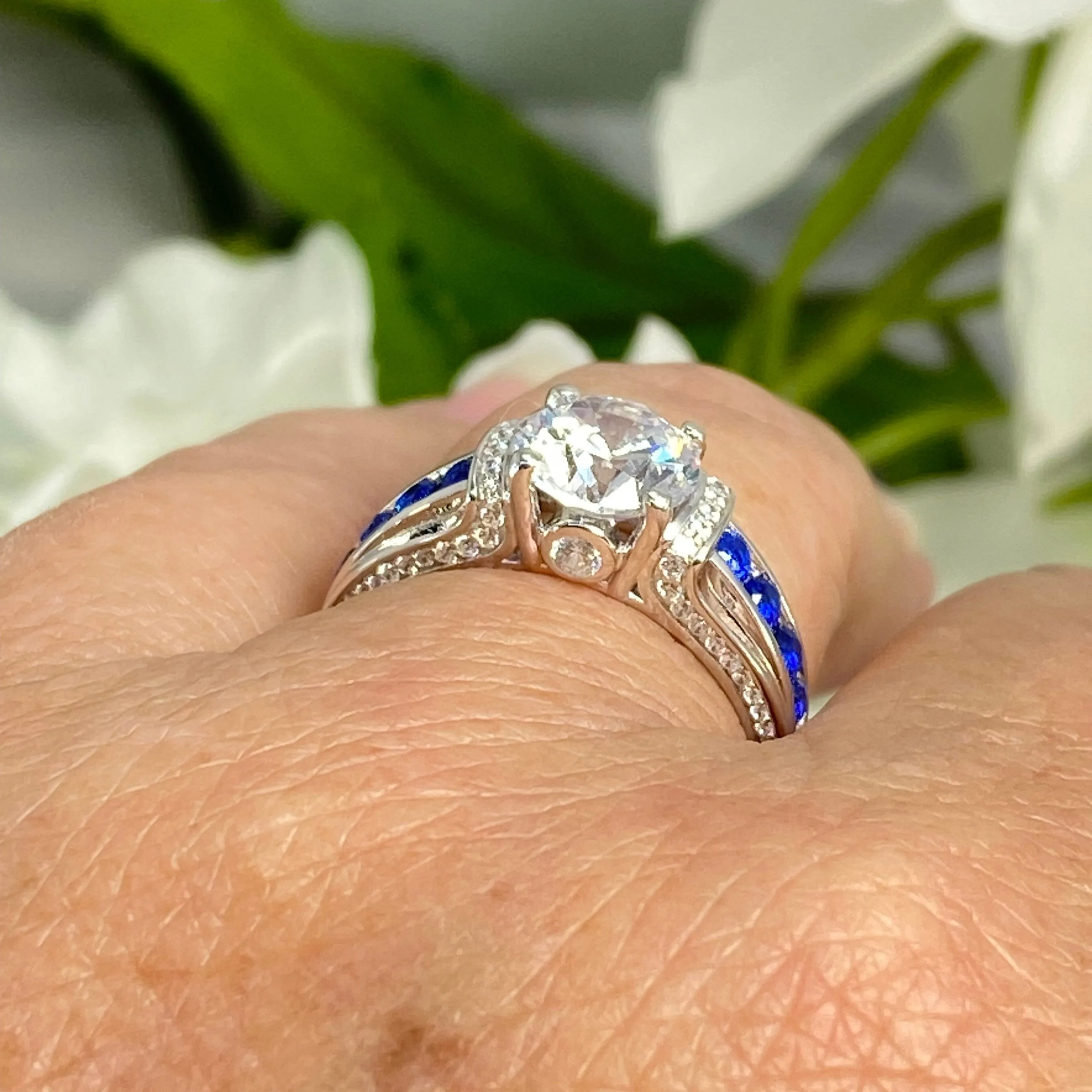 Art Deco Ring, Size 8.5, White CZ with Inlaid Blue Sapphire Gems, Vintage style Jewelry #D220 - Ready to Ship