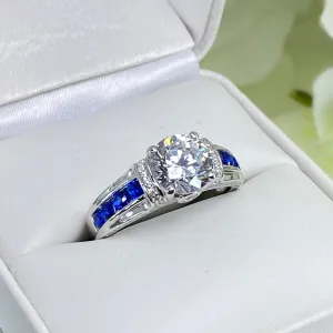 Art Deco Ring, Size 8.5, White CZ with Inlaid Blue Sapphire Gems, Vintage style Jewelry #D220 - Ready to Ship