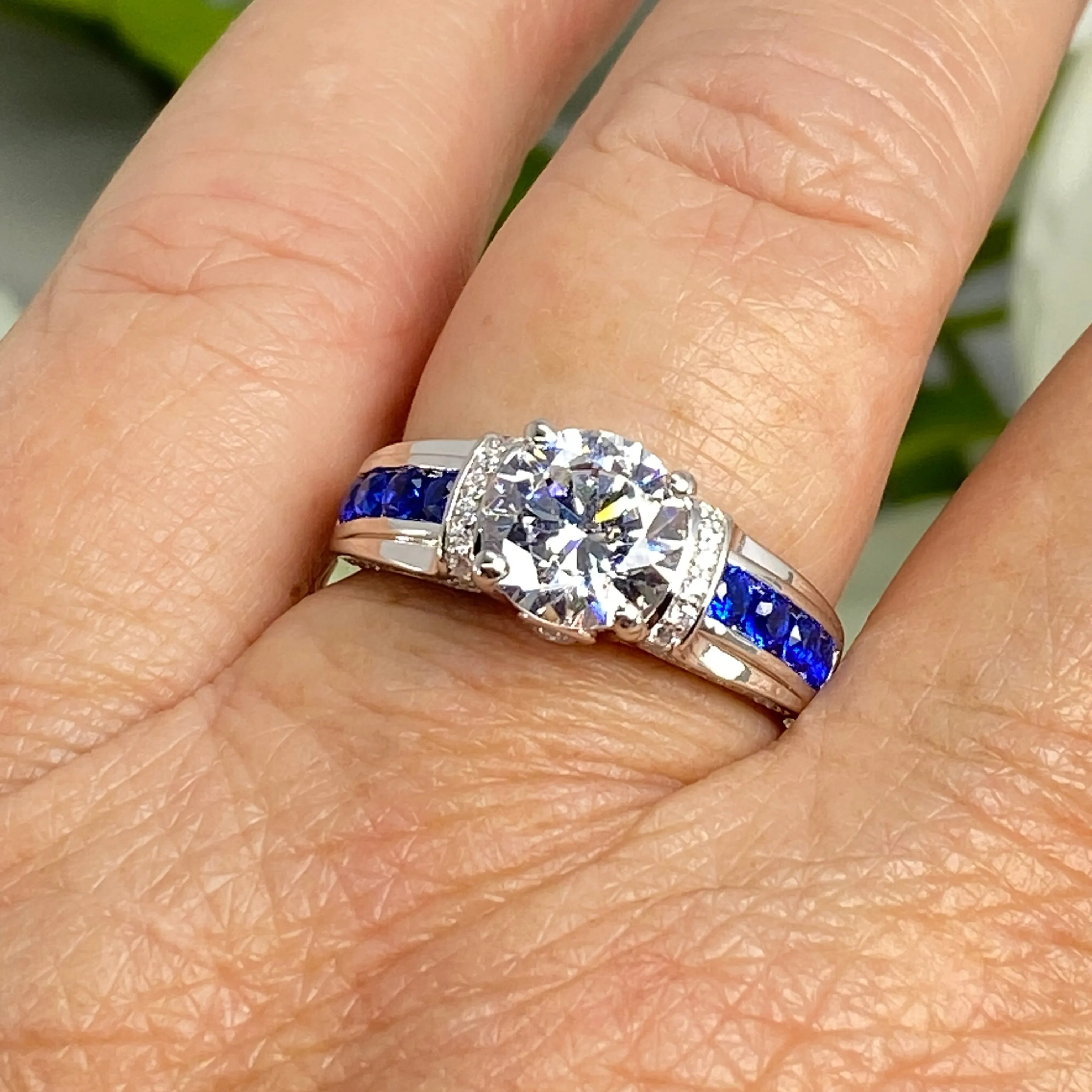 Art Deco Ring, Size 8.5, White CZ with Inlaid Blue Sapphire Gems, Vintage style Jewelry #D220 - Ready to Ship