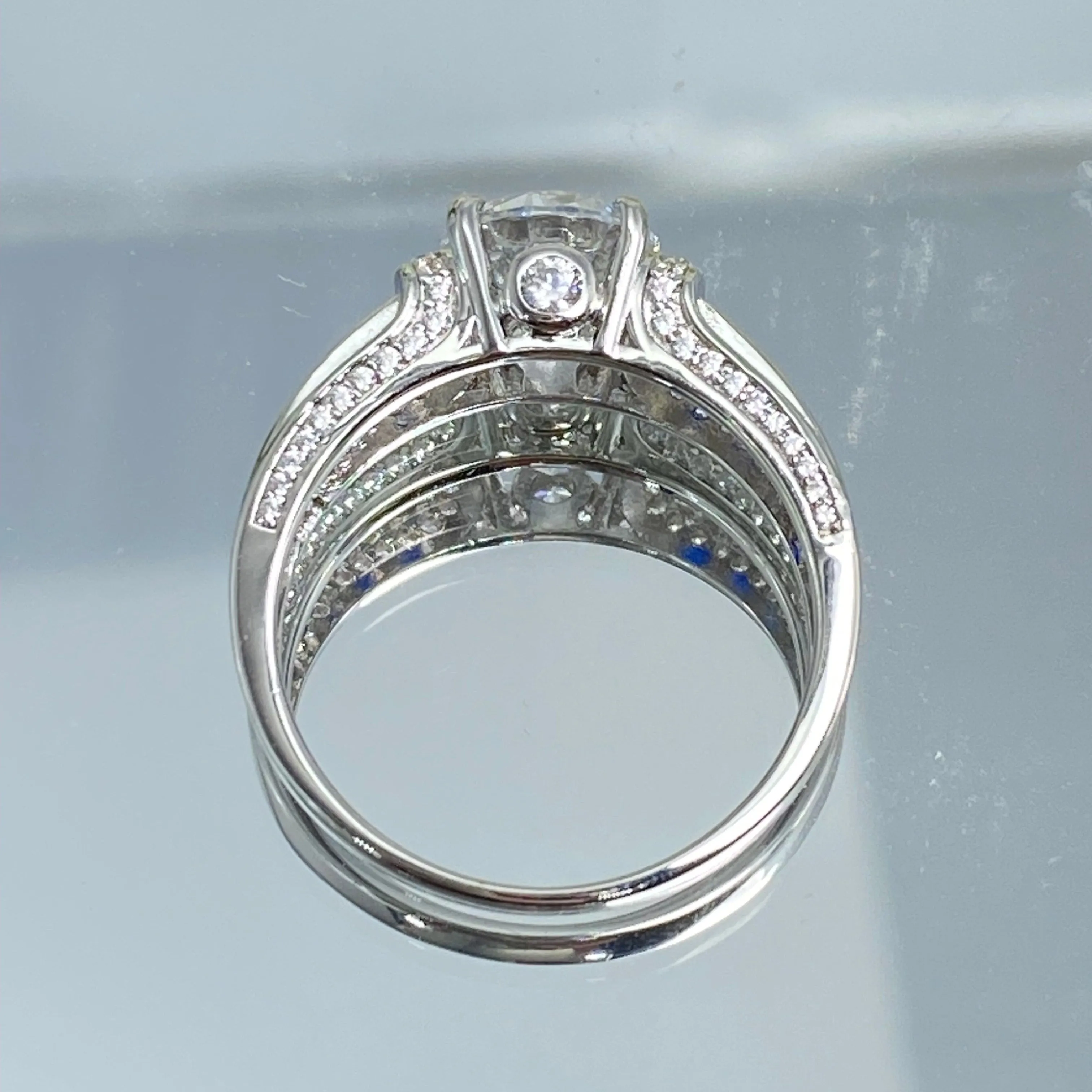 Art Deco Ring, Size 8.5, White CZ with Inlaid Blue Sapphire Gems, Vintage style Jewelry #D220 - Ready to Ship