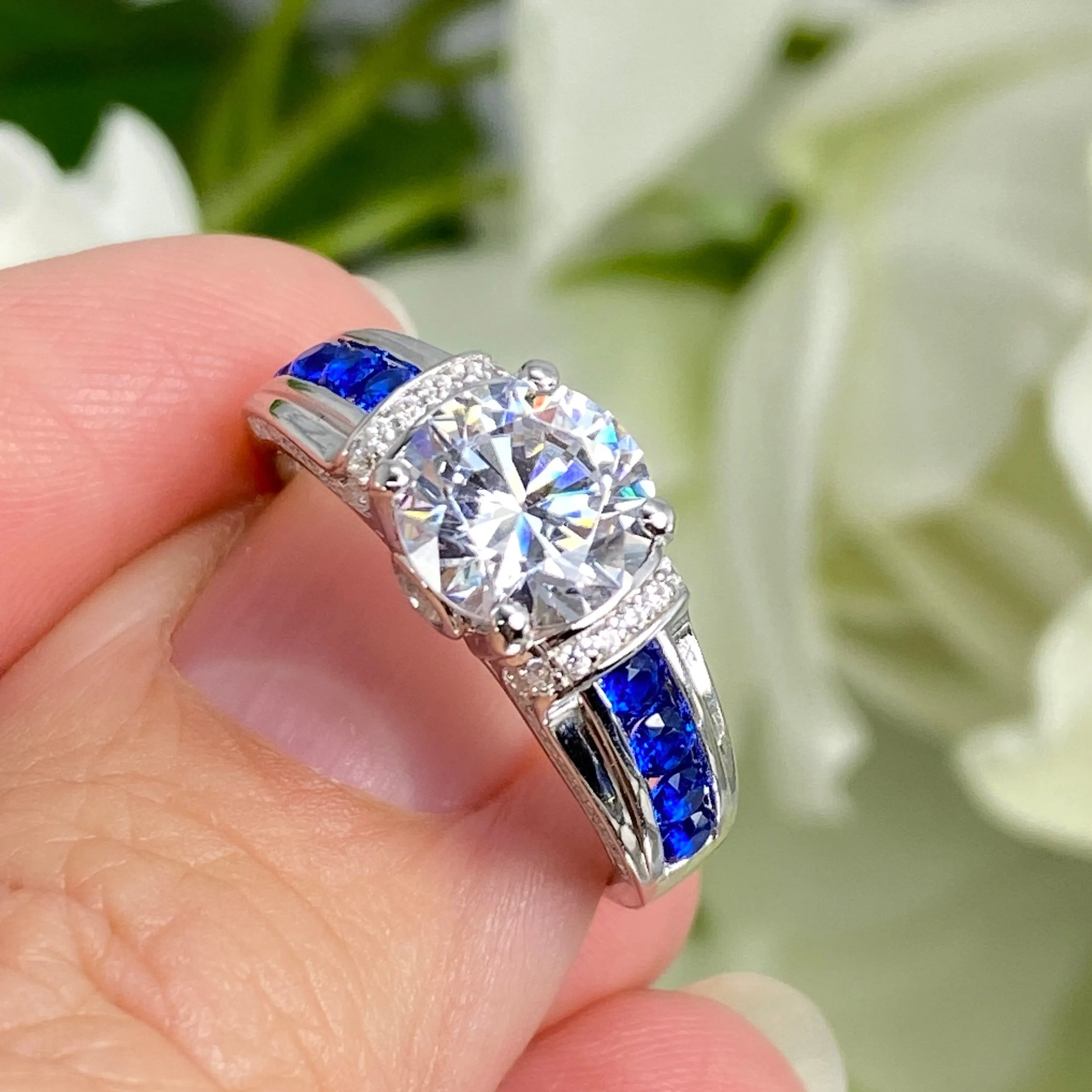Art Deco Ring, Size 8.5, White CZ with Inlaid Blue Sapphire Gems, Vintage style Jewelry #D220 - Ready to Ship