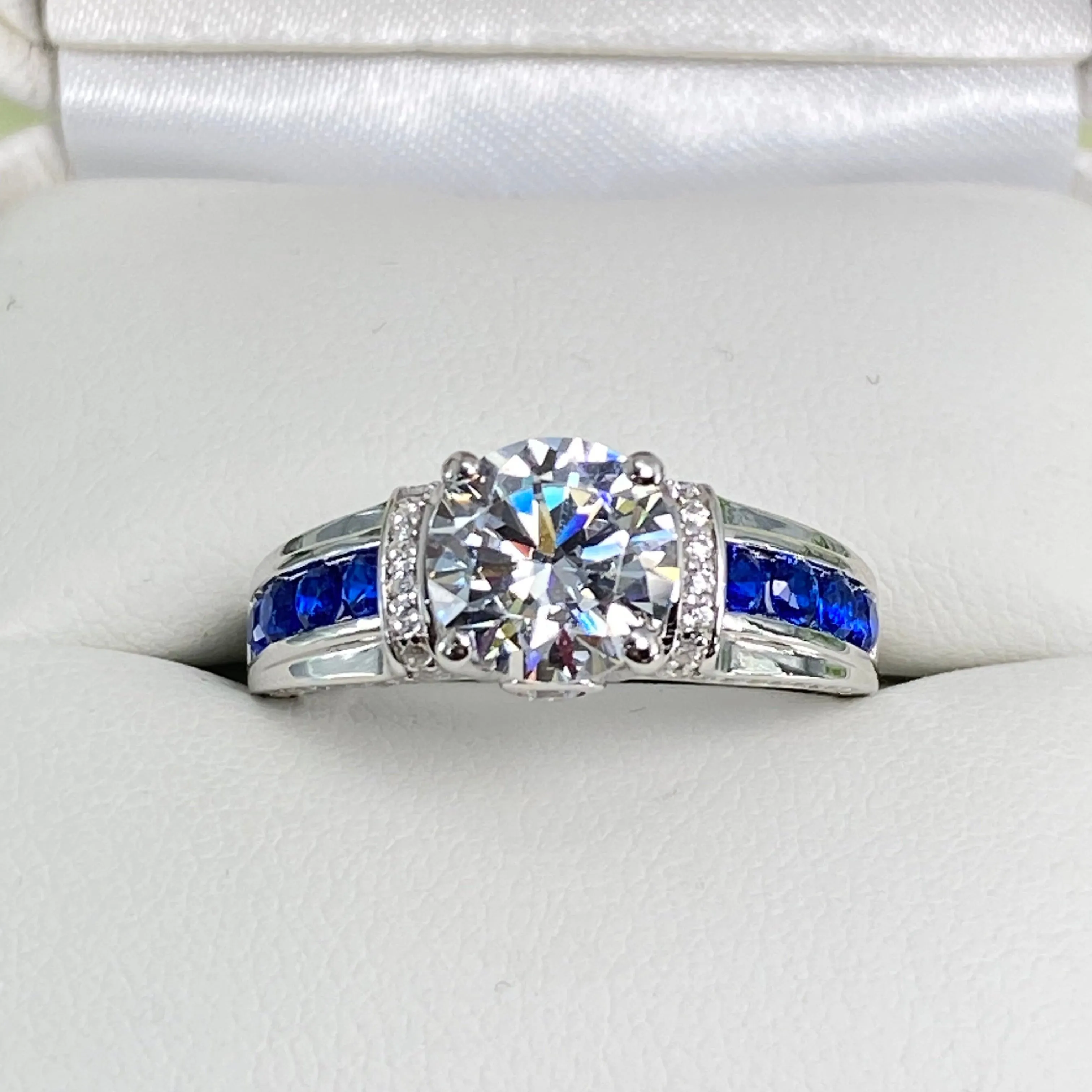 Art Deco Ring, Size 8.5, White CZ with Inlaid Blue Sapphire Gems, Vintage style Jewelry #D220 - Ready to Ship