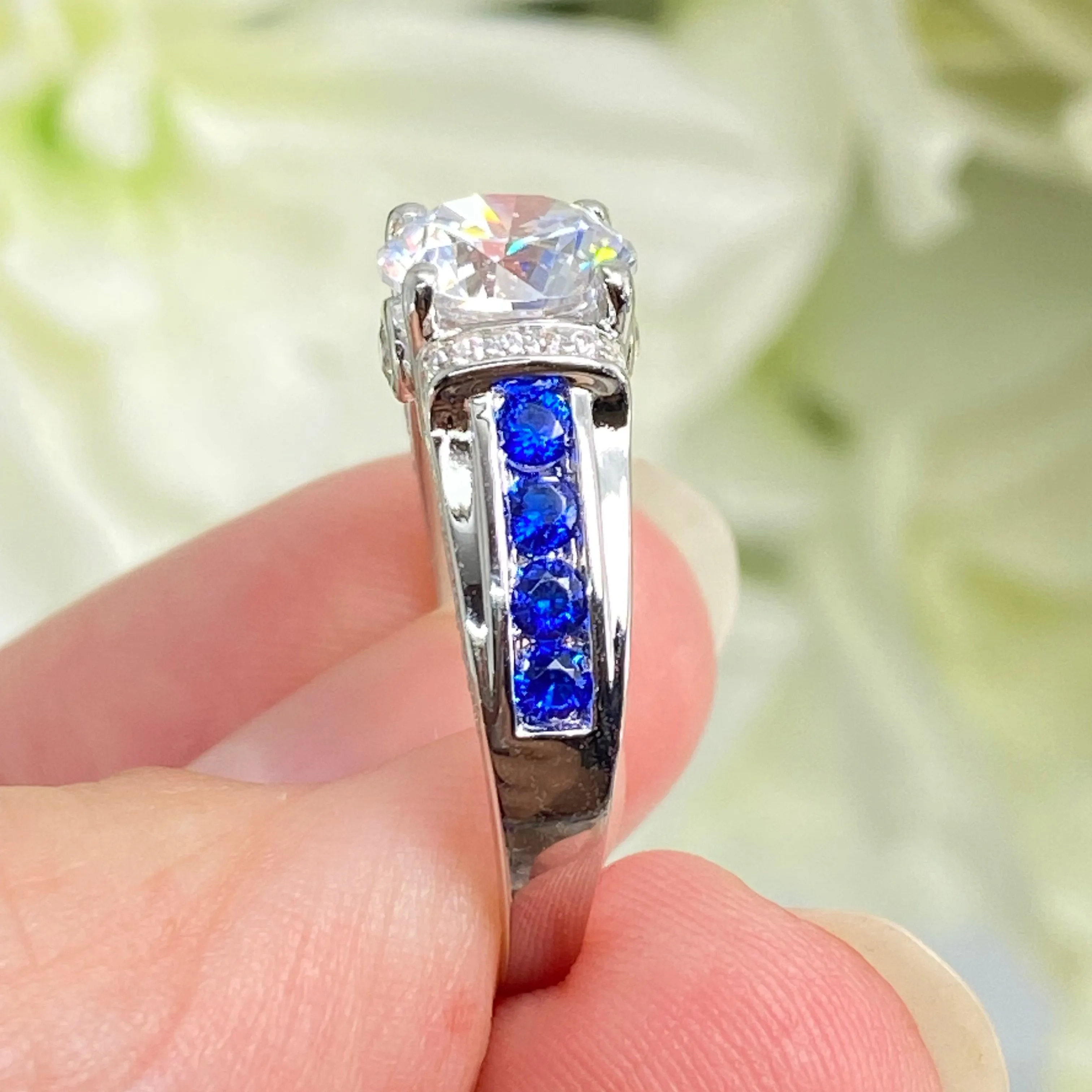 Art Deco Ring, Size 8.5, White CZ with Inlaid Blue Sapphire Gems, Vintage style Jewelry #D220 - Ready to Ship